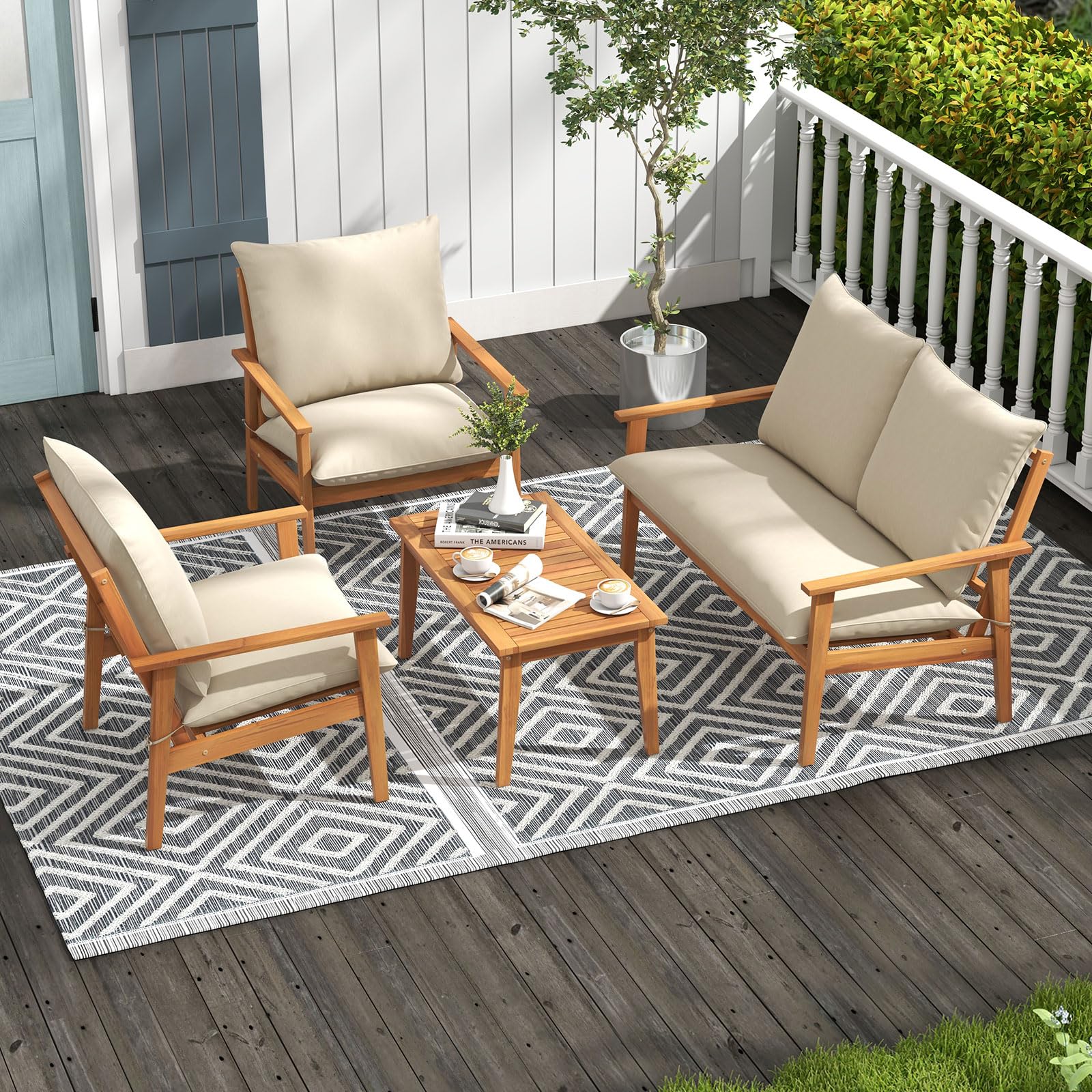 Tangkula 4 Pieces Patio Furniture Set, Outdoor Acacia Wood Conversation Set with Soft Cushions and Coffee Table - Image 4