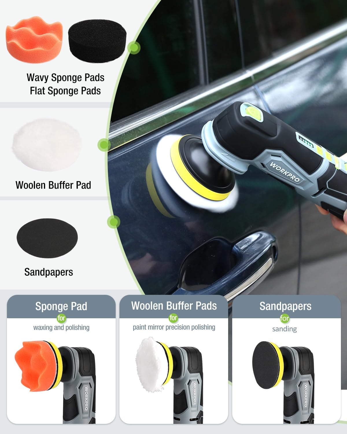 WORKPRO Cordless Mini Buffer Polisher, 12V Buffer Polisher for Car Detailing, 5 Variable Speed Up to 3000RPM, Compact Cordless Polisher Kit for Waxing, DIY Projects, Furniture Polishing - Image 7