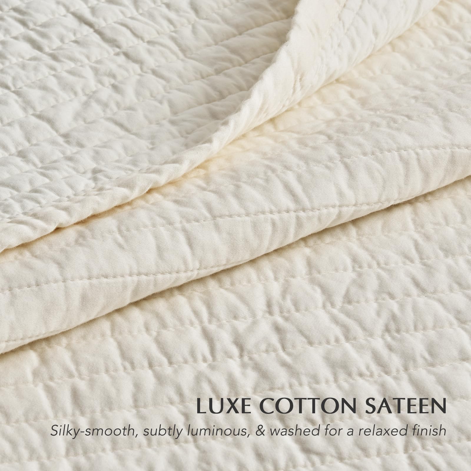 EVERGRACEHOME Cotton Sateen Quilt Set, Queen Size, Cream 100% Cotton, Channel Stitch Coverlet Bedspread, Pre-Washed Lightweight Soft Bedding Set for All Season, 3 Piece, with 2 Shams - Image 4