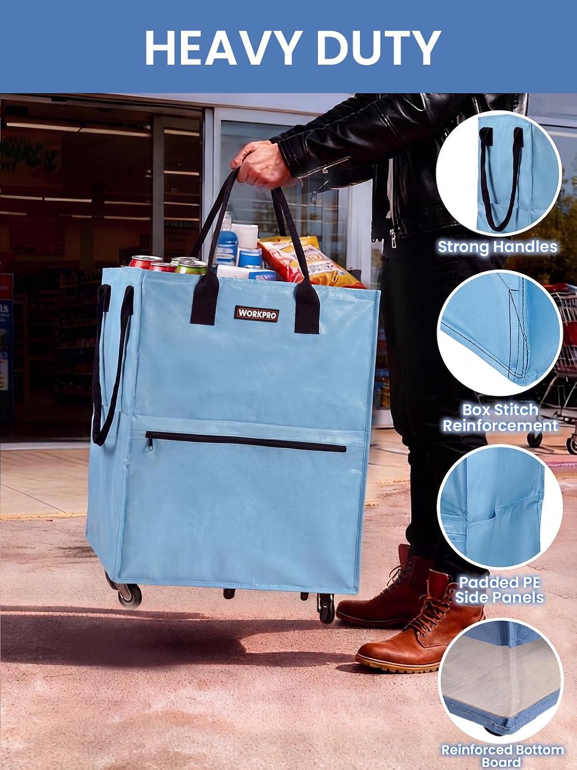WORKPRO Large Rolling Grocery Bag, 36-Gallon Tote with 5 Wheels, 110 lbs Capacity, Dual Carry, Wide Zipper & Extra Storage for Shopping, Laundry & Moving - Image 5