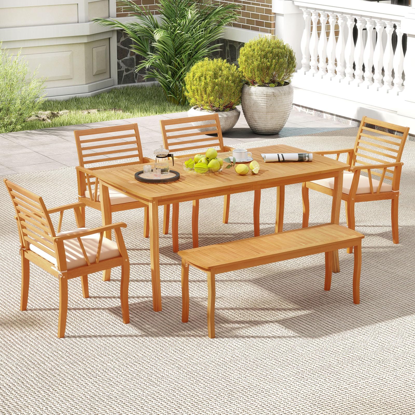 Tangkula 6 Pieces Acacia Wood Patio Dining Set with Bench - Image 2