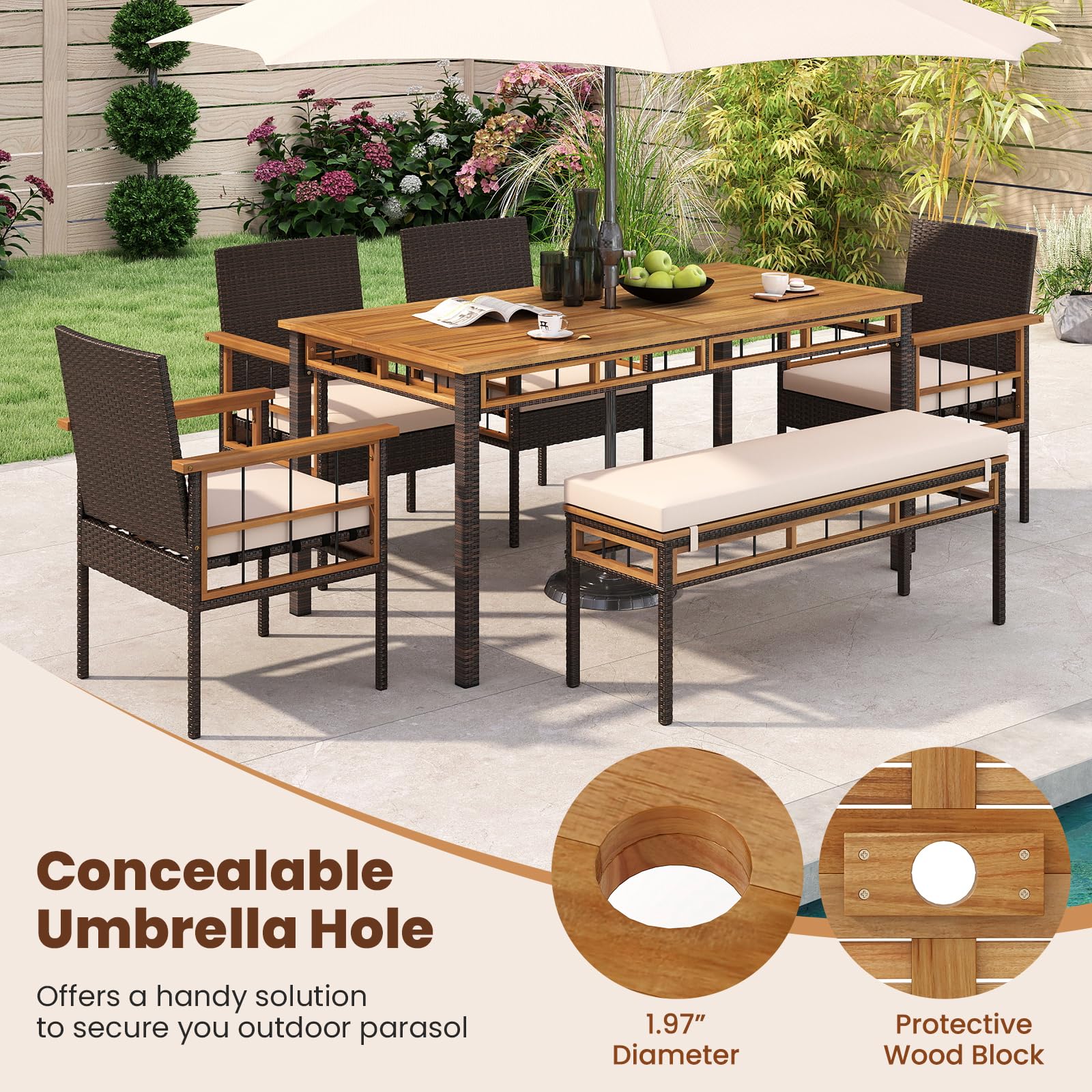 Tangkula 6 Pieces Patio Dining Table Set with 1.97” Umbrella Hole & Cushioned Backless Bench & 4 Armchairs - Image 4