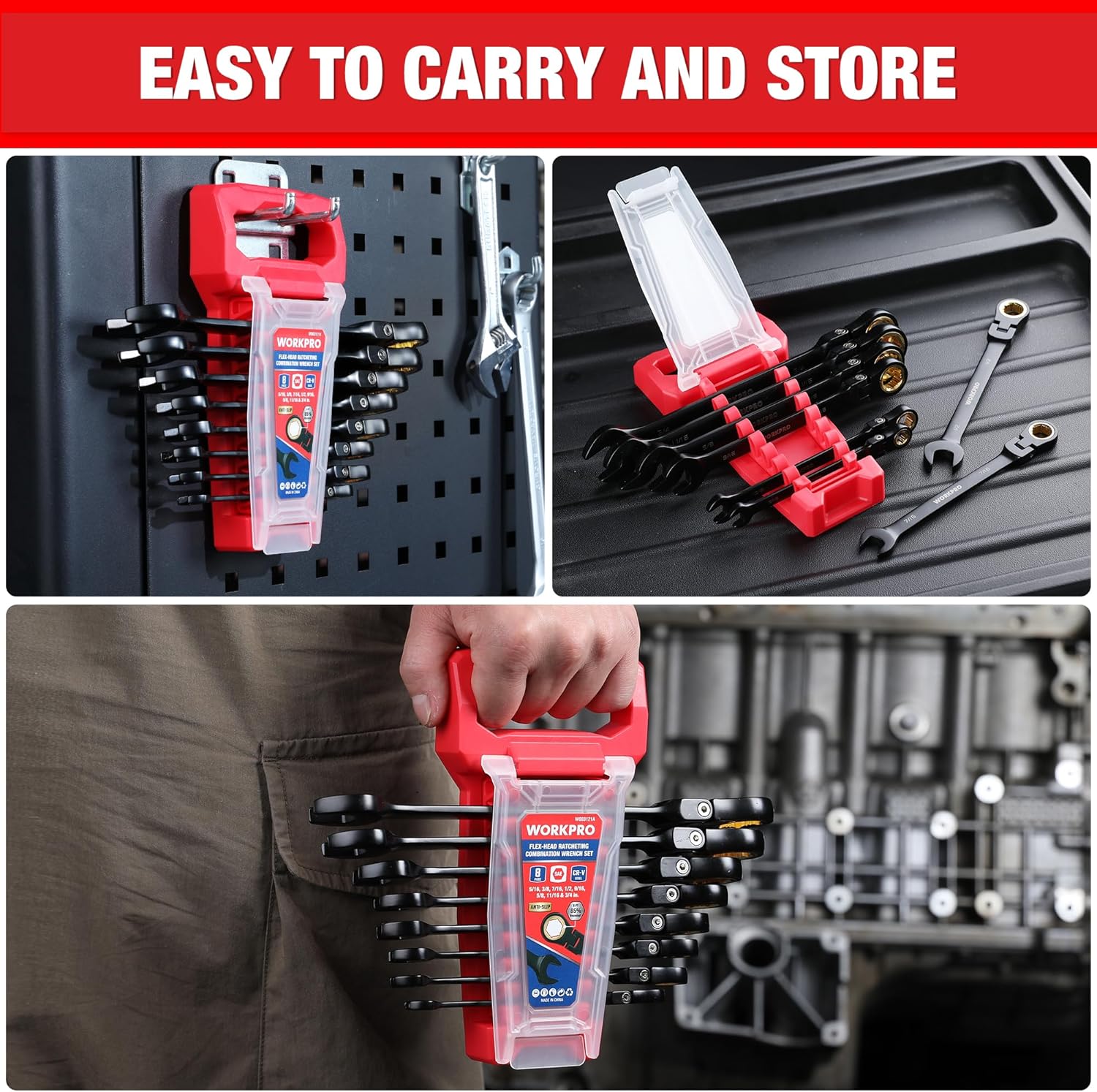 WORKPRO 8-piece Flex Head Ratcheting Wrench Set, Anti-slip Set SAE 5/16-3/4 inch, 72-Teeth, Cr-V Constructed, Black Electrophoretic Coating with Rack Organizer - Image 4