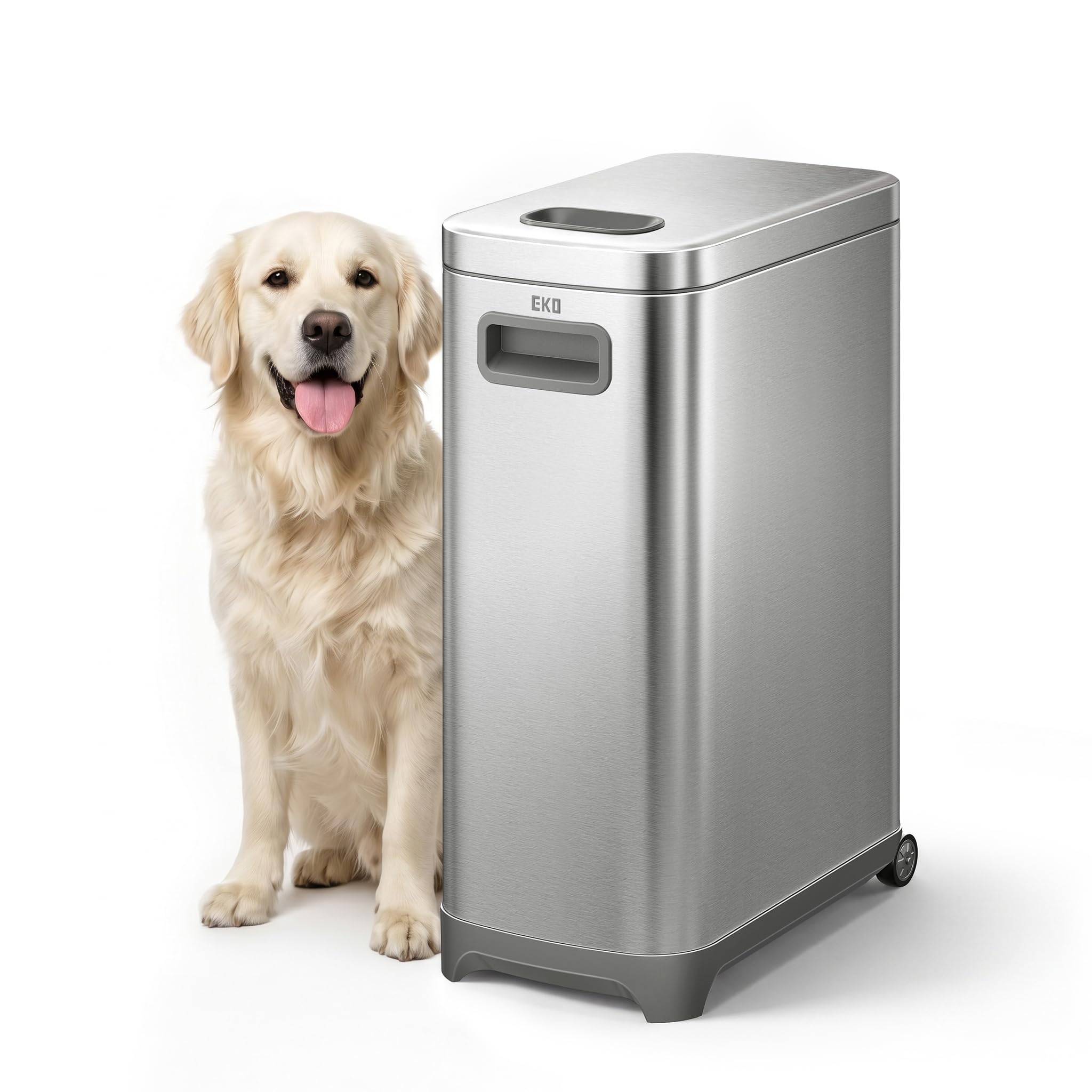 EKO 45 lb Airtight Dog Food Storage Container, Stainless Steel Pet Food Container for Kibble, Cat Food & Bird Seed, Lockable Lid, Magnetic Scoop, BPA-Free Inner Bucket, Wheels