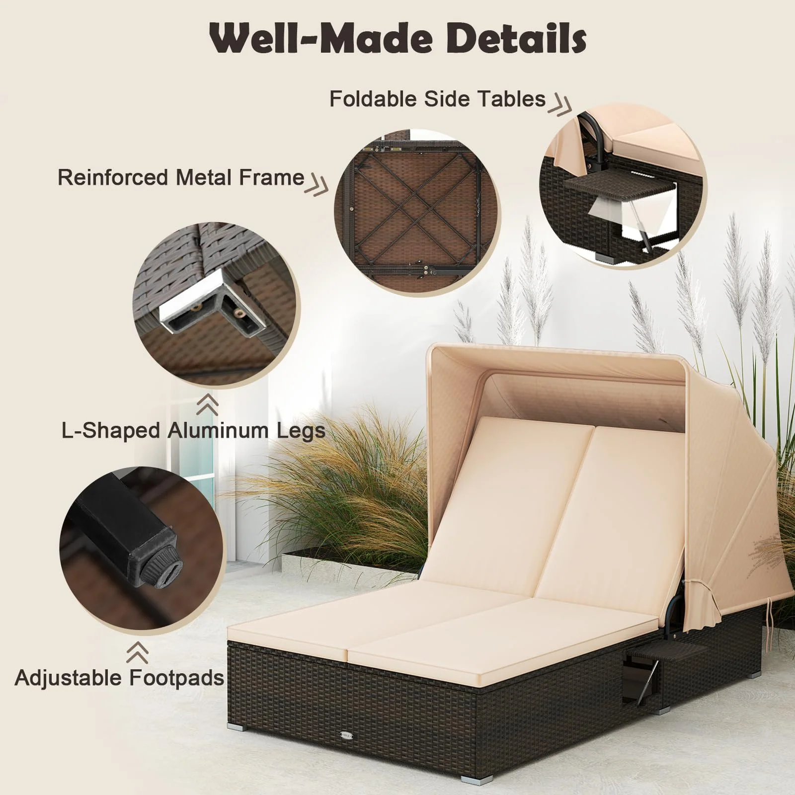 Tangkula Patio Double Chaise Lounge with Shade, Patiojoy 6-Level Adjustable Wicker Recliner Bed - Image 8
