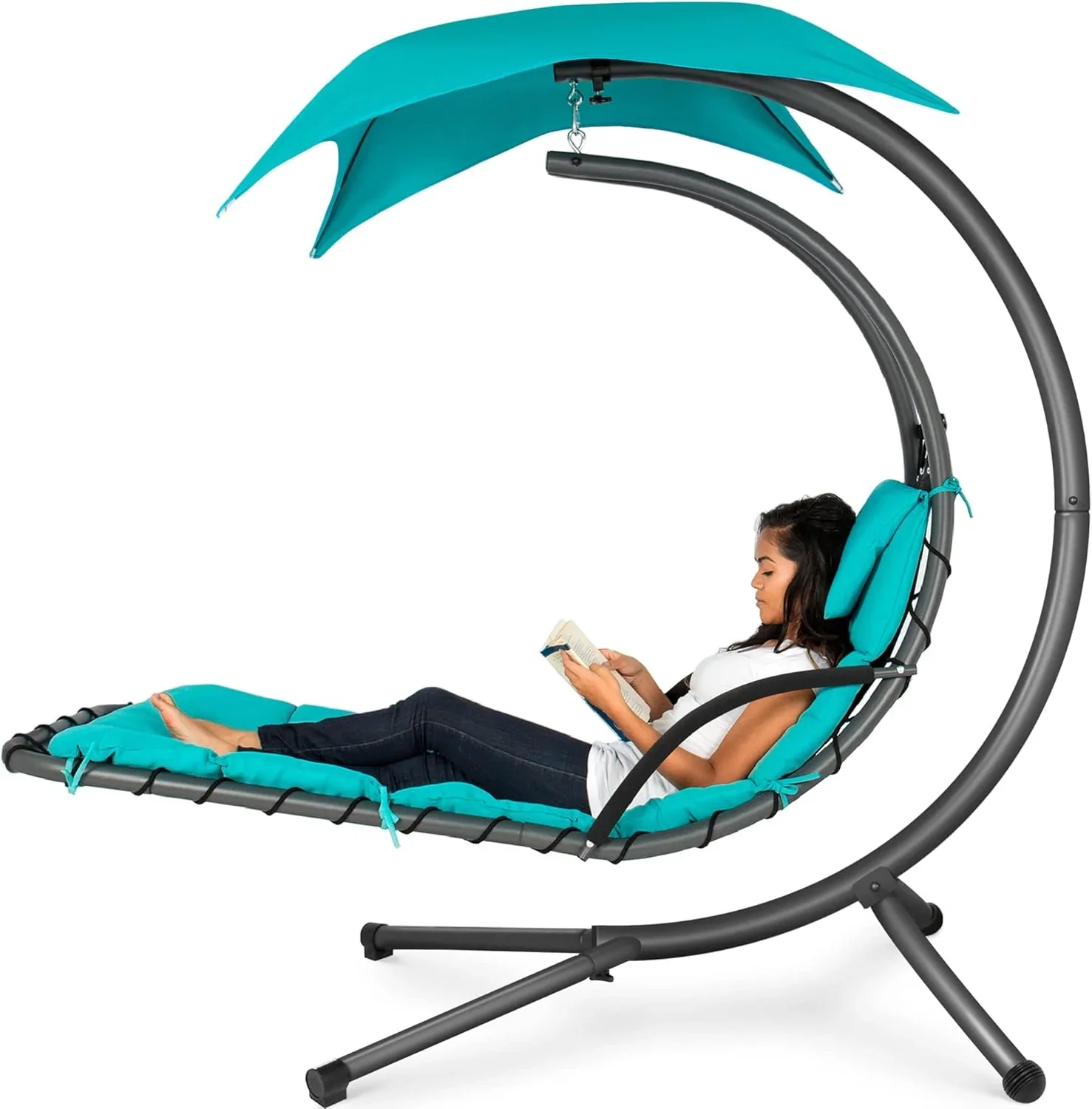 Best Choice Products Outdoor Hanging Curved Steel Chaise Lounge Chair Swing w/Built-in Pillow and Removable Canopy - Charcoal Gray - Image 15