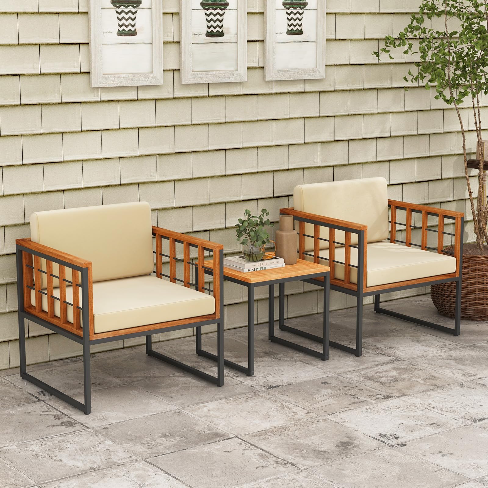 Tangkula 3 Pieces Patio Chair Set, Acacia Wood Outdoor Sofa Set with Metal Support - Image 4