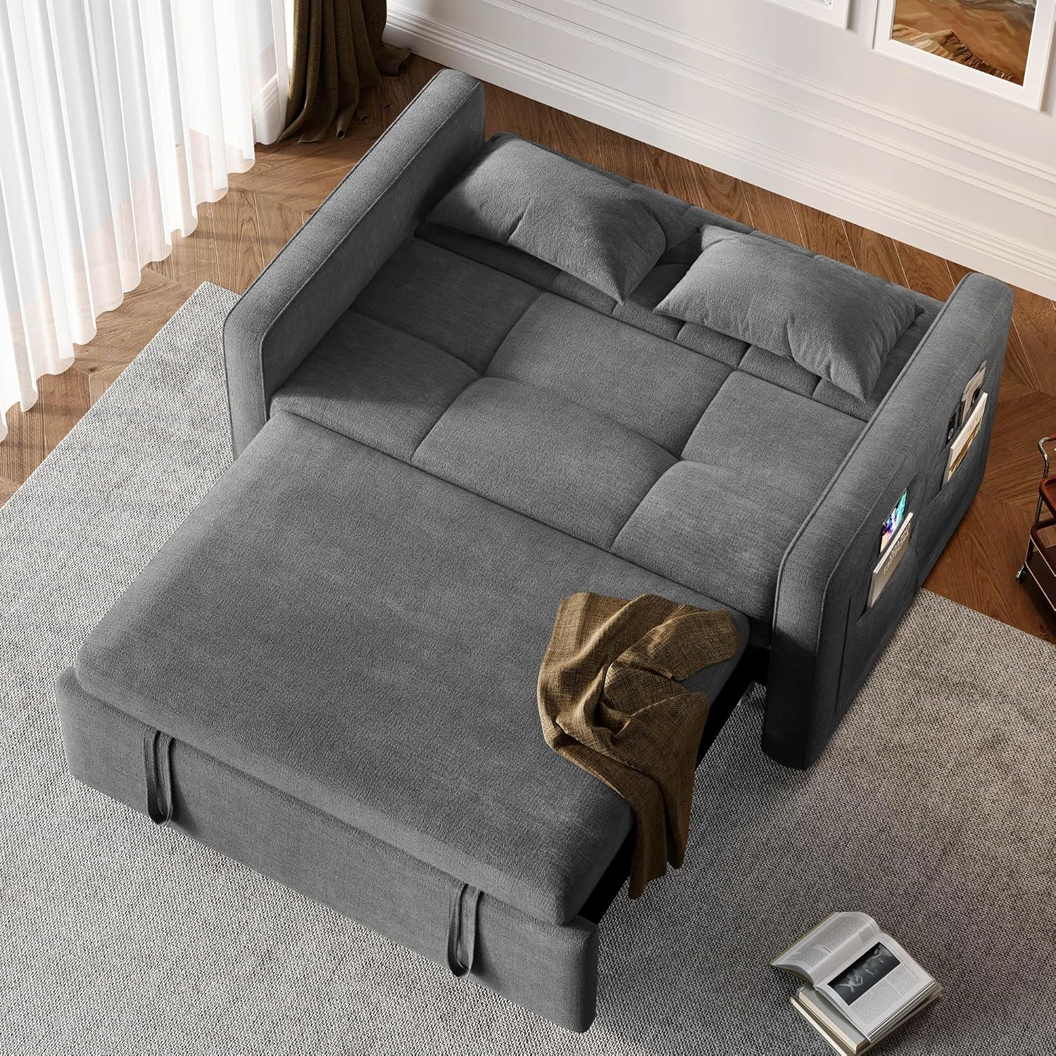 DWVO 3-in-1 Convertible Sofa Bed, 55" Sleeper Sofa with Pull-Out Bed, Cat-Scratch-Proof Fabric Futon Couch with Adjustable Backrest and Side Pocket, Loveseat for Living Room Apartment, Grey - Image 29