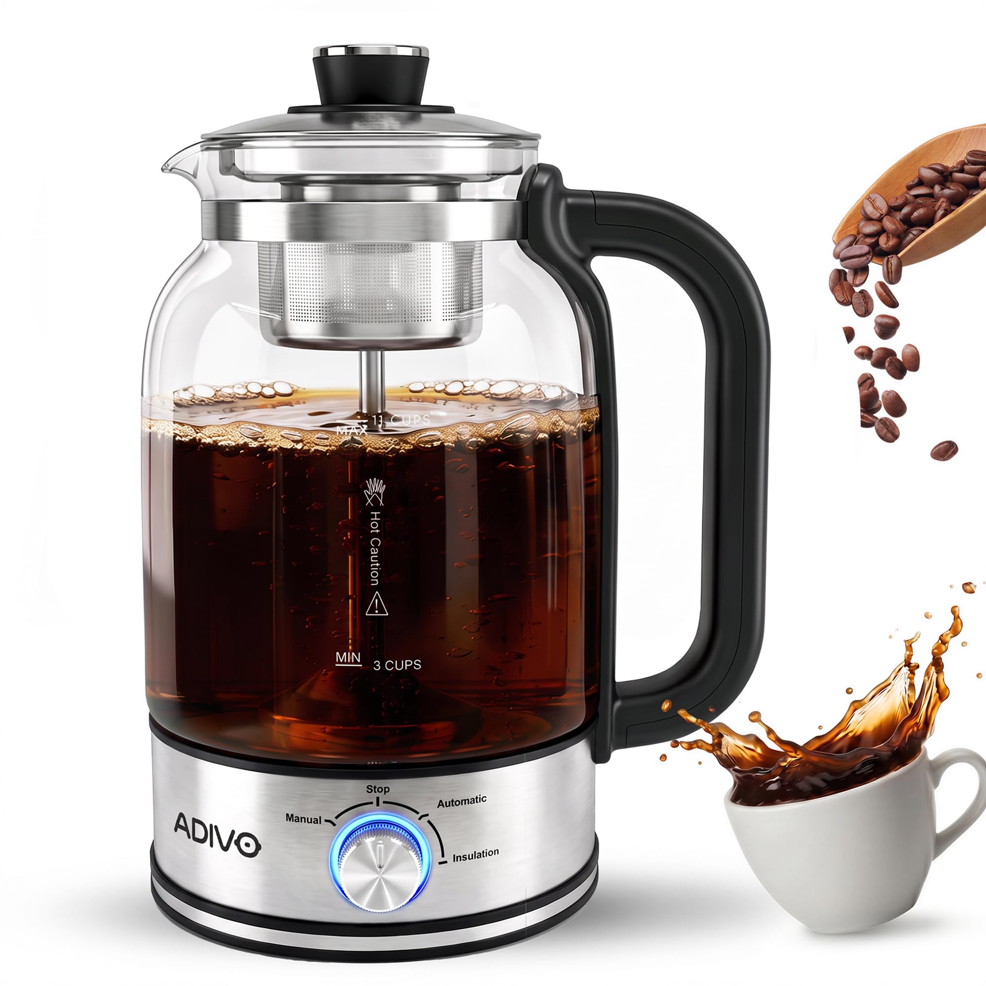 ADIVO Electric Coffee Percolator, Glass Coffee Pot, Plastic-Free Design Rich Percolator Coffee, 11-Cup Capacity, Plastic-Free Brewing, Visible Brewing, 700W Heating, Keep Warm, Reusable Filter