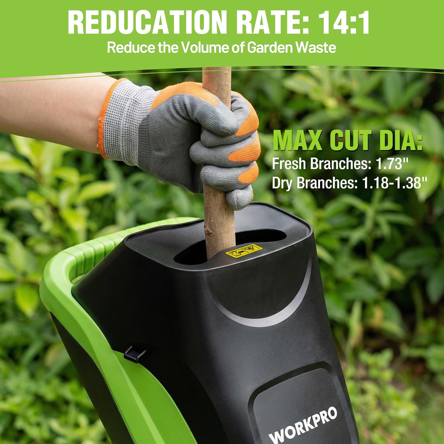 WORKPRO Electric Wood Chipper, 15A 4300RPM Corded Branch Shredder, 1.73" Cutting Capacity, 14:1 Reduction Ratio, SK5 Dual-Blade System, Portable Yard Chipper with Wheels & Collection Bag - Image 4