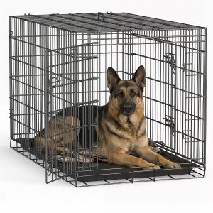 FDW | 48" Foldable Metal Dog Crate | Dark Black | Cage for XL Dogs Heavy Duty, Portable Wire Kennel with Double Door, Divider & Leak-Proof Tray | For Training, Home, Travel Indoor/Outdoor Use