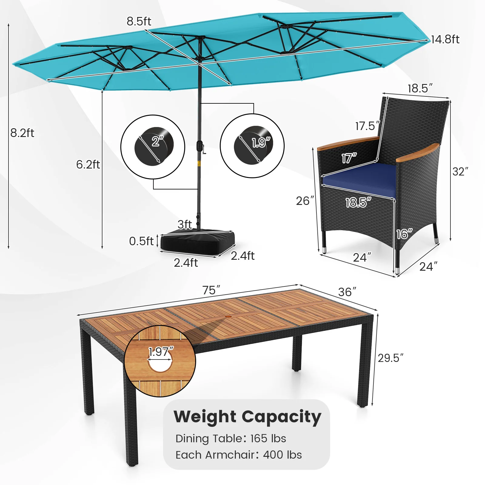 Tangkula 11 Pieces Patio Dining Set with Double-Sided Led Patio Umbrella (Base Included) - Image 3