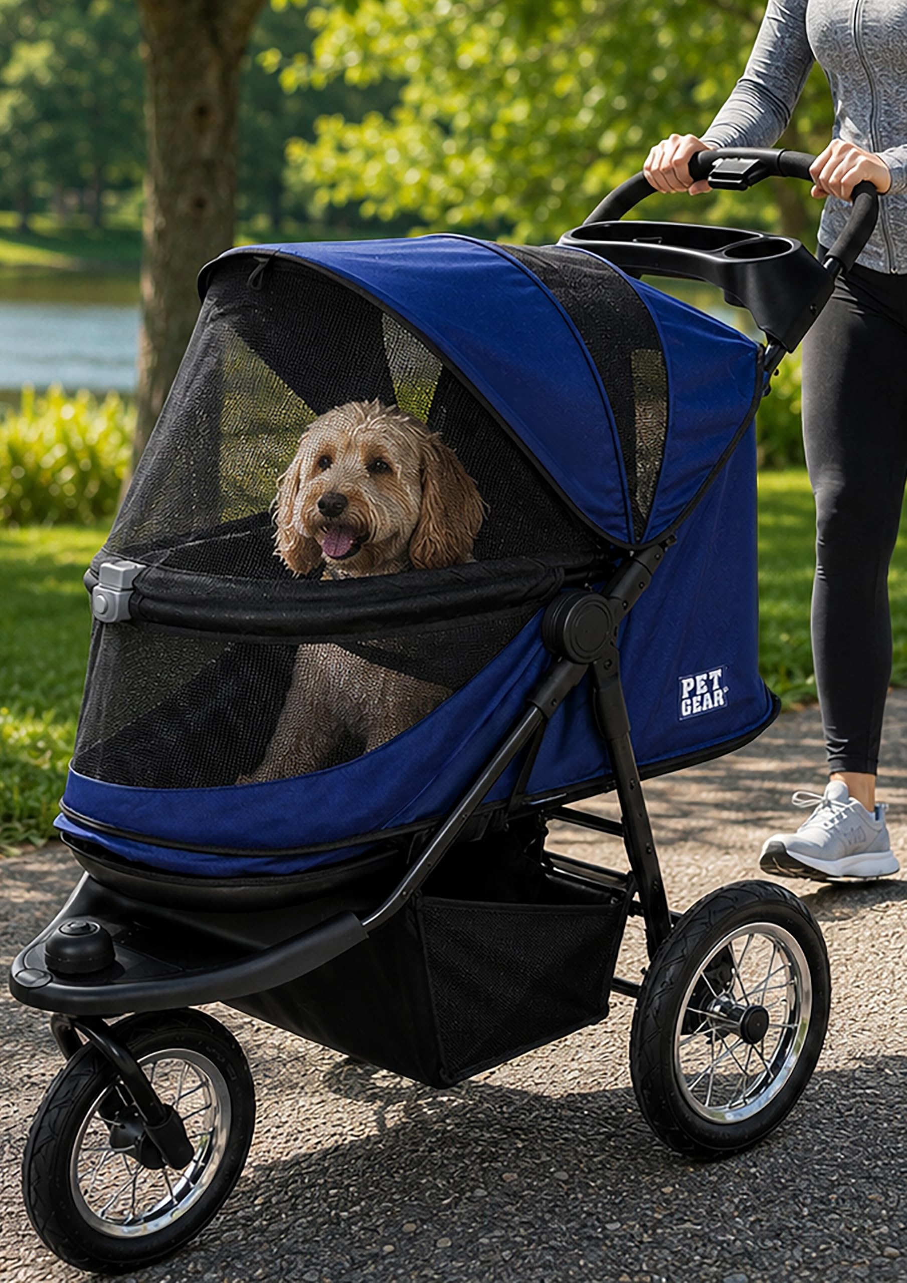 Pet Gear No-Zip Jogger Pet Stroller for Cats/Dogs, Navy Zipperless Entry, Airless Tires, Easy One-Hand Fold, Cup Holder + Storage Basket