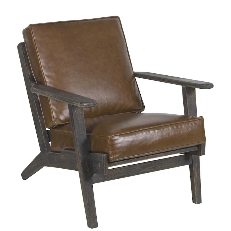 Handcrafted Amber Accent Chair with Slatted Mango Wood, Buffalo Leather Cushions, and Angled Legs - Image 19