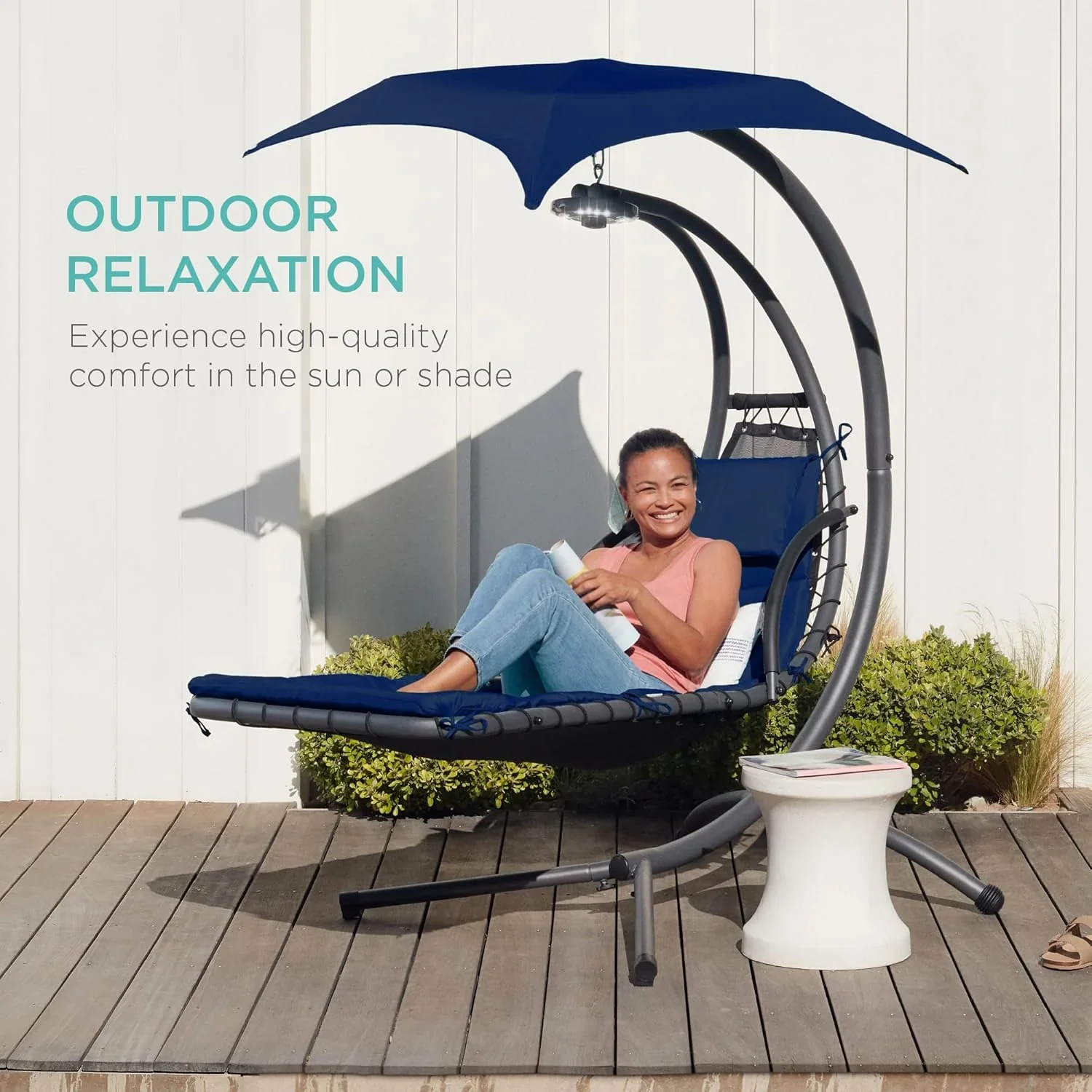 Best Choice Products Outdoor Hanging Curved Steel Chaise Lounge Chair Swing w/Built-in Pillow and Removable Canopy - Charcoal Gray - Image 44