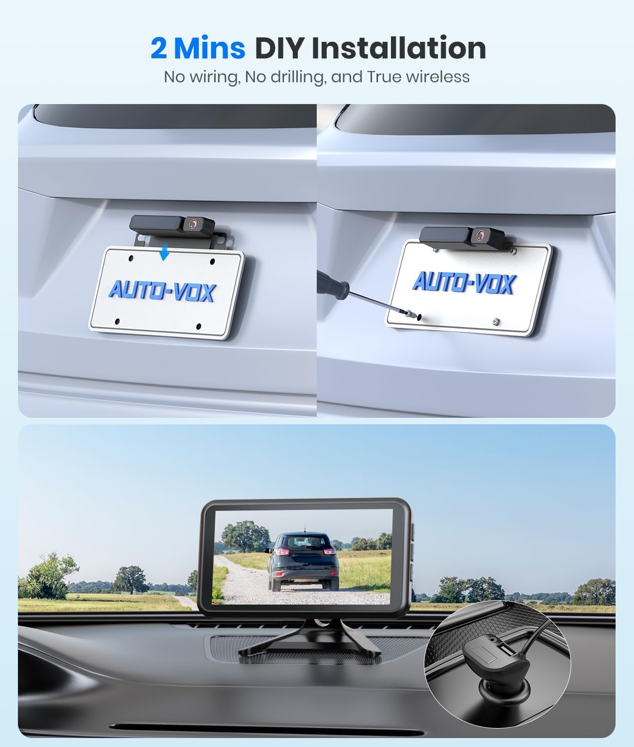 AUTO-VOX Solar Wireless Backup Camera: 5" 1080P Monitor, 2 Min Easy Install 2 Split Screen & 5000mAh Battery Back Up Camera, IP69K Waterproof Reverse Camera for Car, Van, SUV, Truck, Trailer - Image 2
