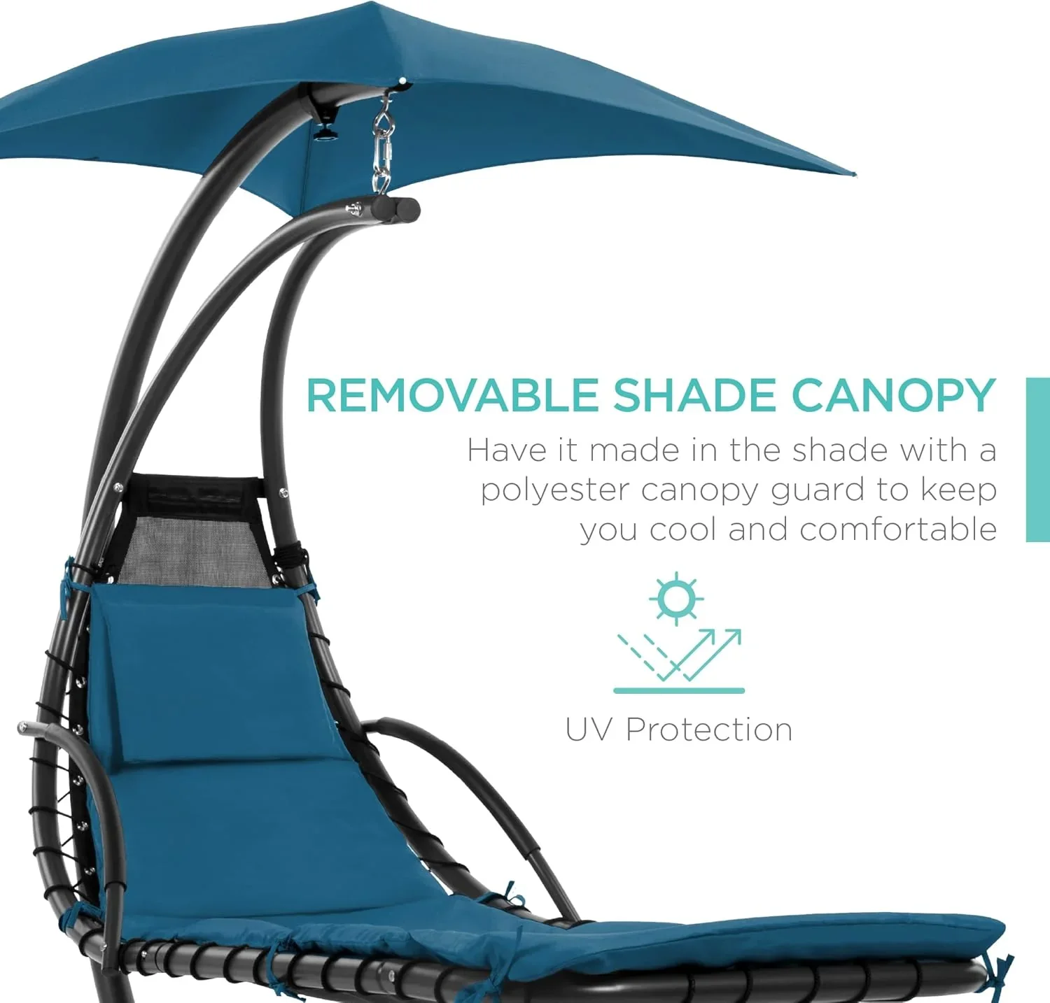 Best Choice Products Outdoor Hanging Curved Steel Chaise Lounge Chair Swing w/Built-in Pillow and Removable Canopy - Charcoal Gray - Image 72