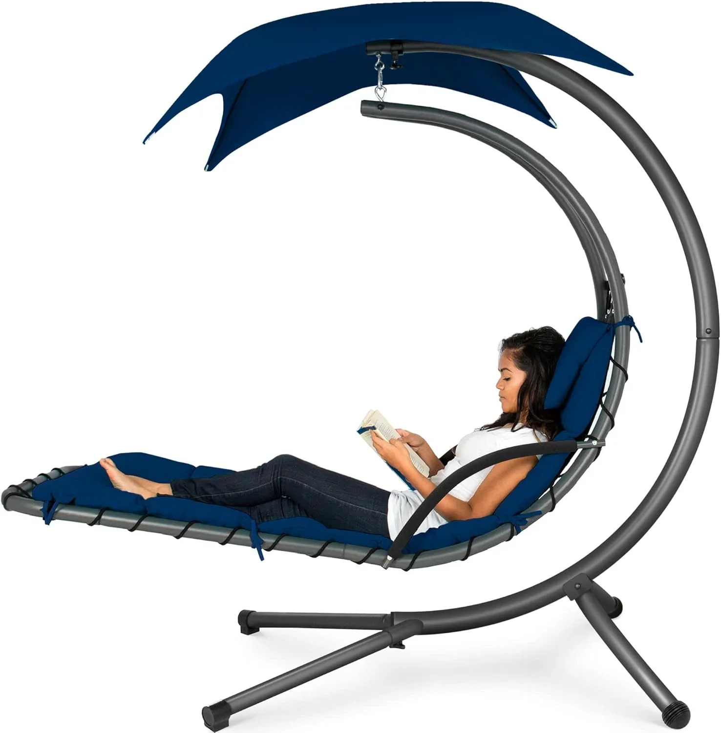 Best Choice Products Outdoor Hanging Curved Steel Chaise Lounge Chair Swing w/Built-in Pillow and Removable Canopy - Charcoal Gray - Image 27
