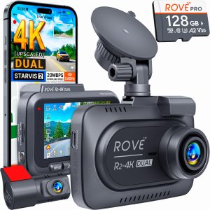 ROVE R2-4K Dual Dash Cam Front and Rear, STARVIS 2 Sensor, Free 128GB Card 4K Upscaled Front + FHD Rear Recording, 5.8GHz WiFi, 20MB/s Download Speed, App, GPS, 3" IPS, 24Hr Parking Mode, Night Vision