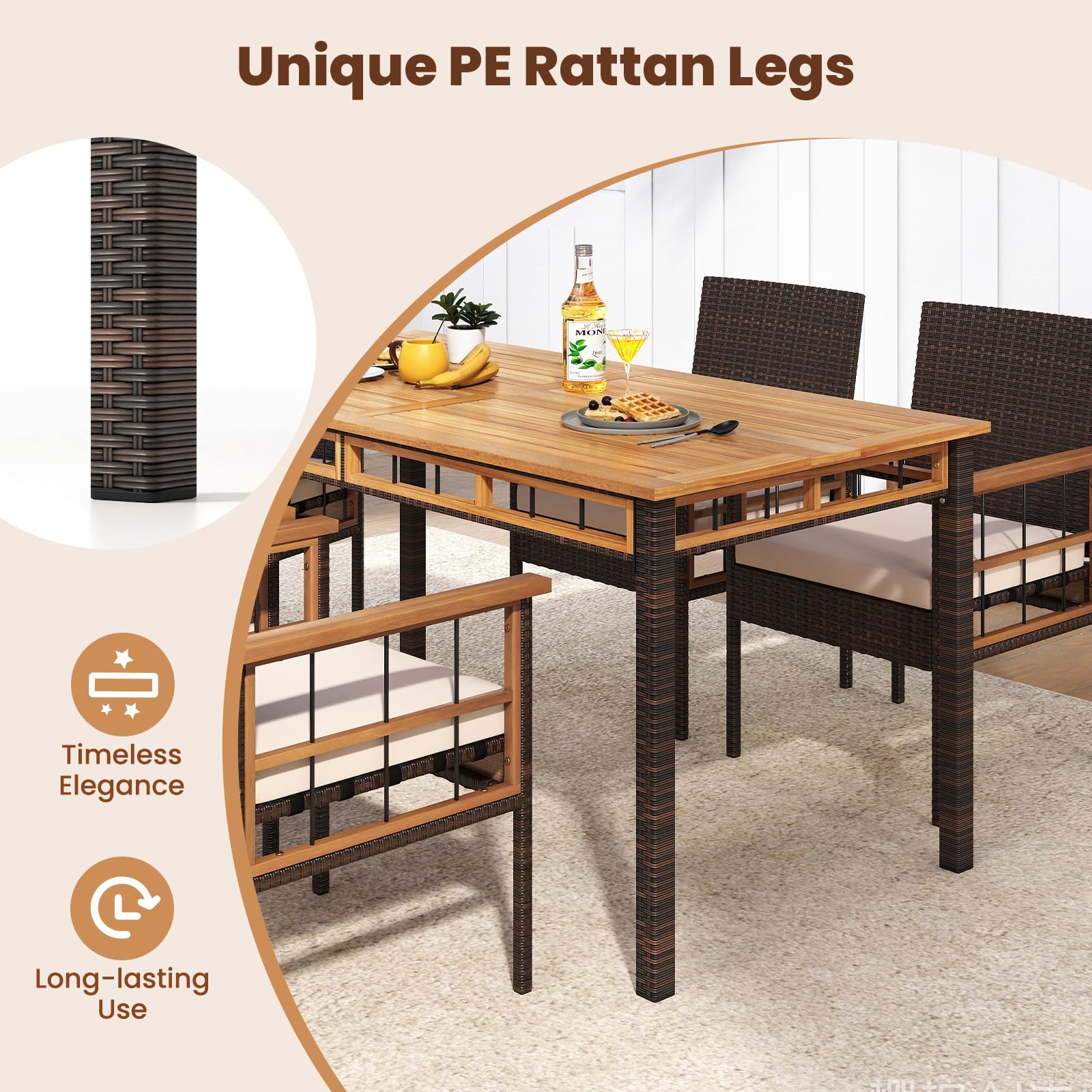 Tangkula 6 Pieces Patio Dining Table Set with 1.97” Umbrella Hole & Cushioned Backless Bench & 4 Armchairs - Image 5