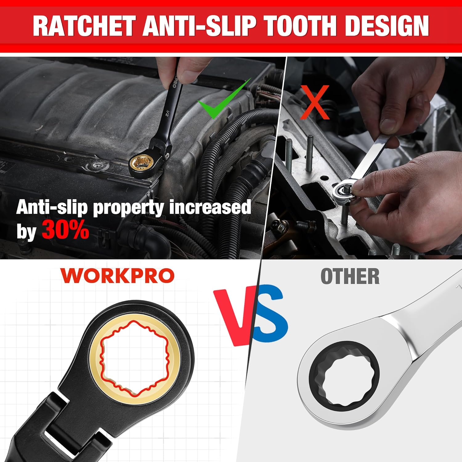 WORKPRO 8-piece Flex Head Ratcheting Wrench Set, Anti-slip Set SAE 5/16-3/4 inch, 72-Teeth, Cr-V Constructed, Black Electrophoretic Coating with Rack Organizer - Image 2