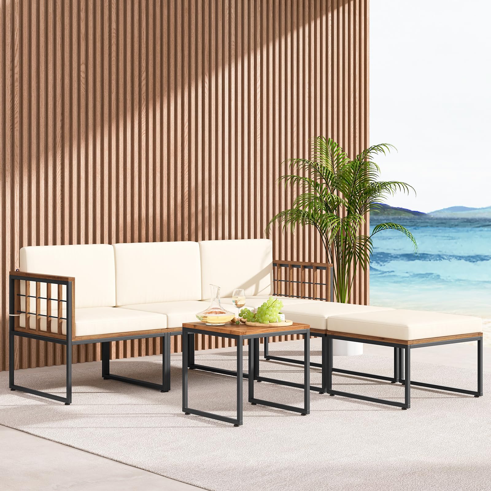 Tangkula 6 Pieces Acacia Wood Patio Furniture Set, Patiojoy Outdoor Sectional Conversation Sofa Set with Cushions - Image 2