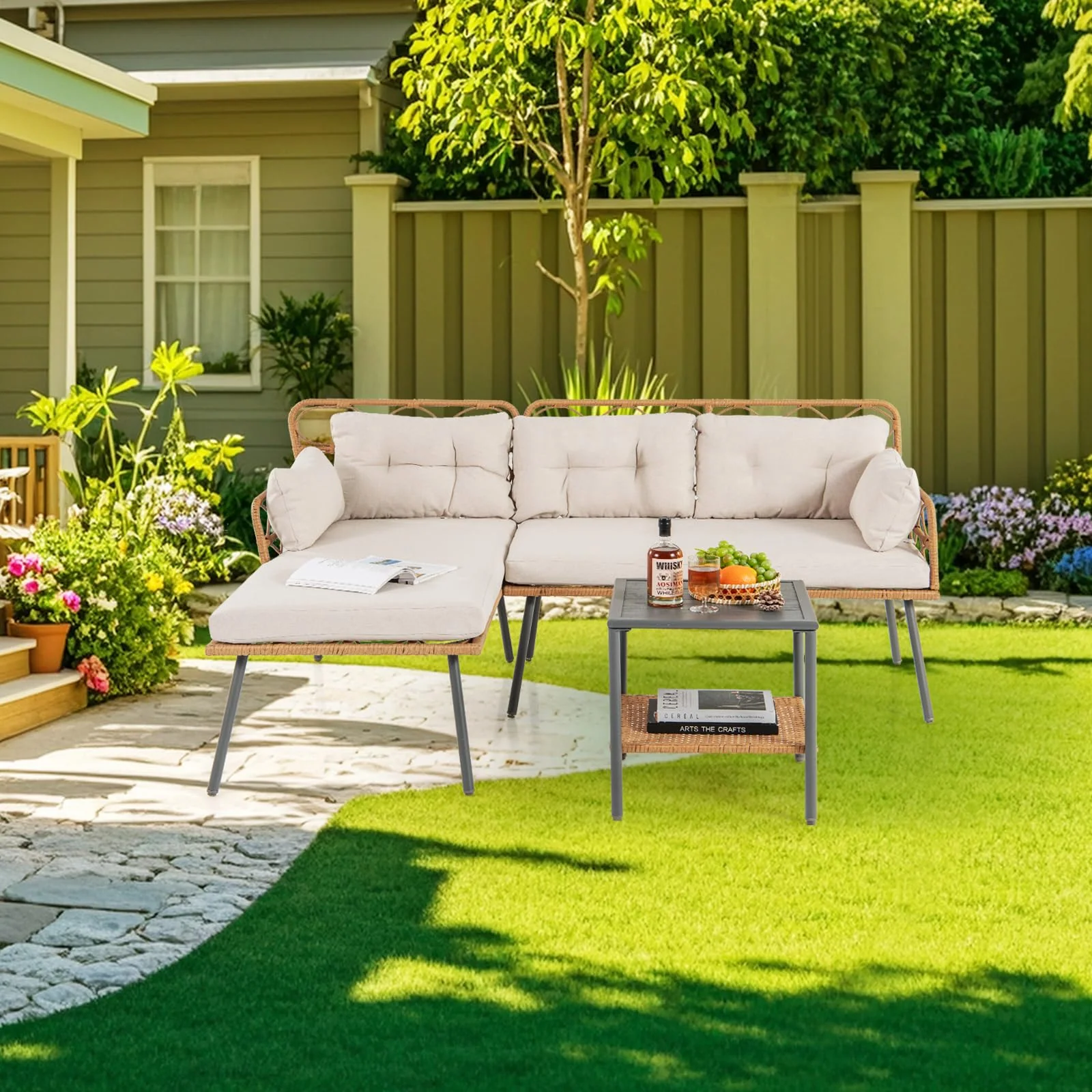 Tangkula 3 Pieces Corner Patio Furniture Set, PE Rattan L-Shaped Cushioned Sofa Set with Small Coffee Table - Image 9