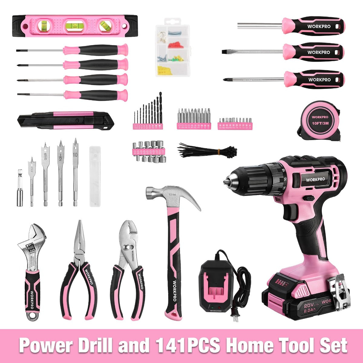 WORKPRO 20V Pink Cordless Drill Driver and 141 Pcs Home Tool Set - Pink Ribbon - Image 2