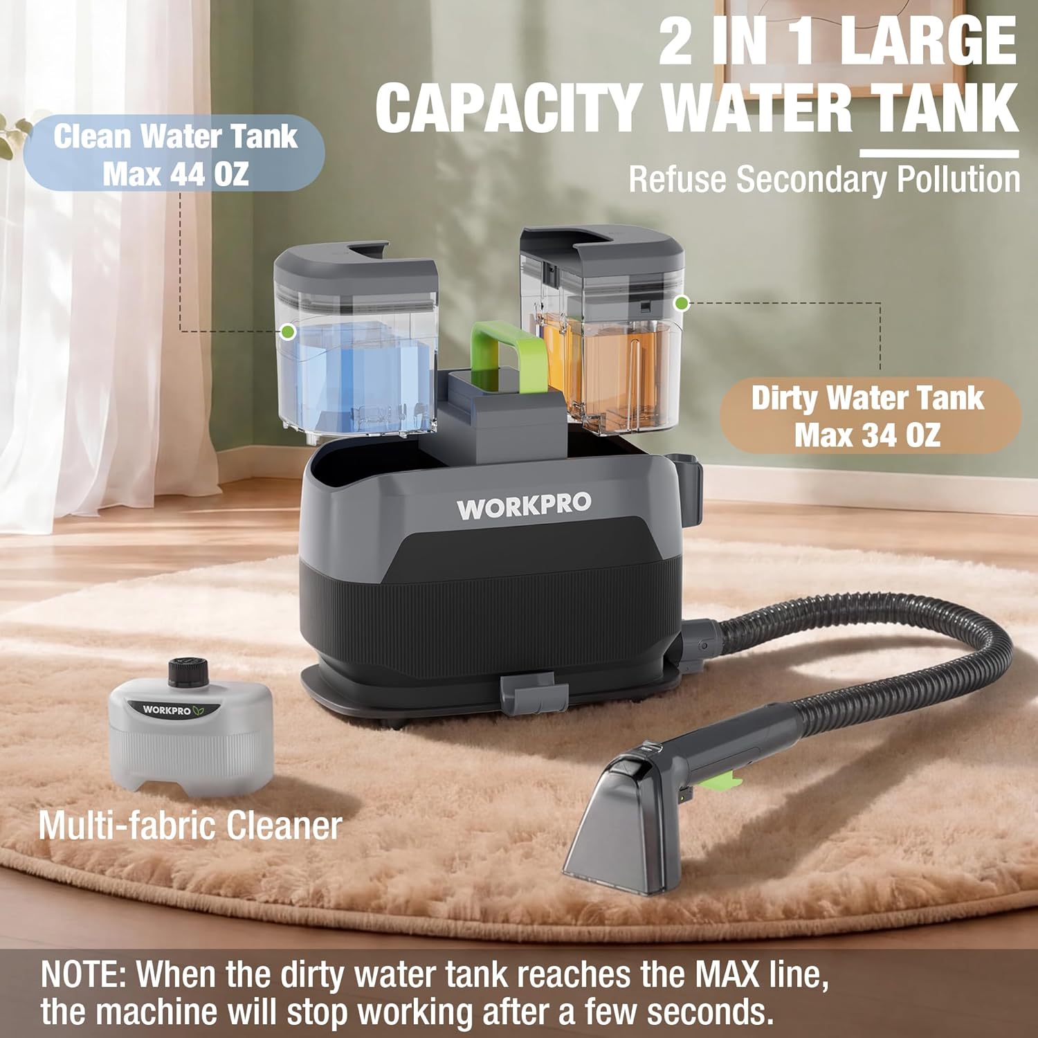 WORKPRO Portable Steam Carpet & Upholstery Cleaner Machine, 16KPa Suction with 4 Cleaning Modes, Spot Cleaner Machine with Heating System and Multi-Function Tools for Sofa, Pet Stains & Car Interior - Image 6