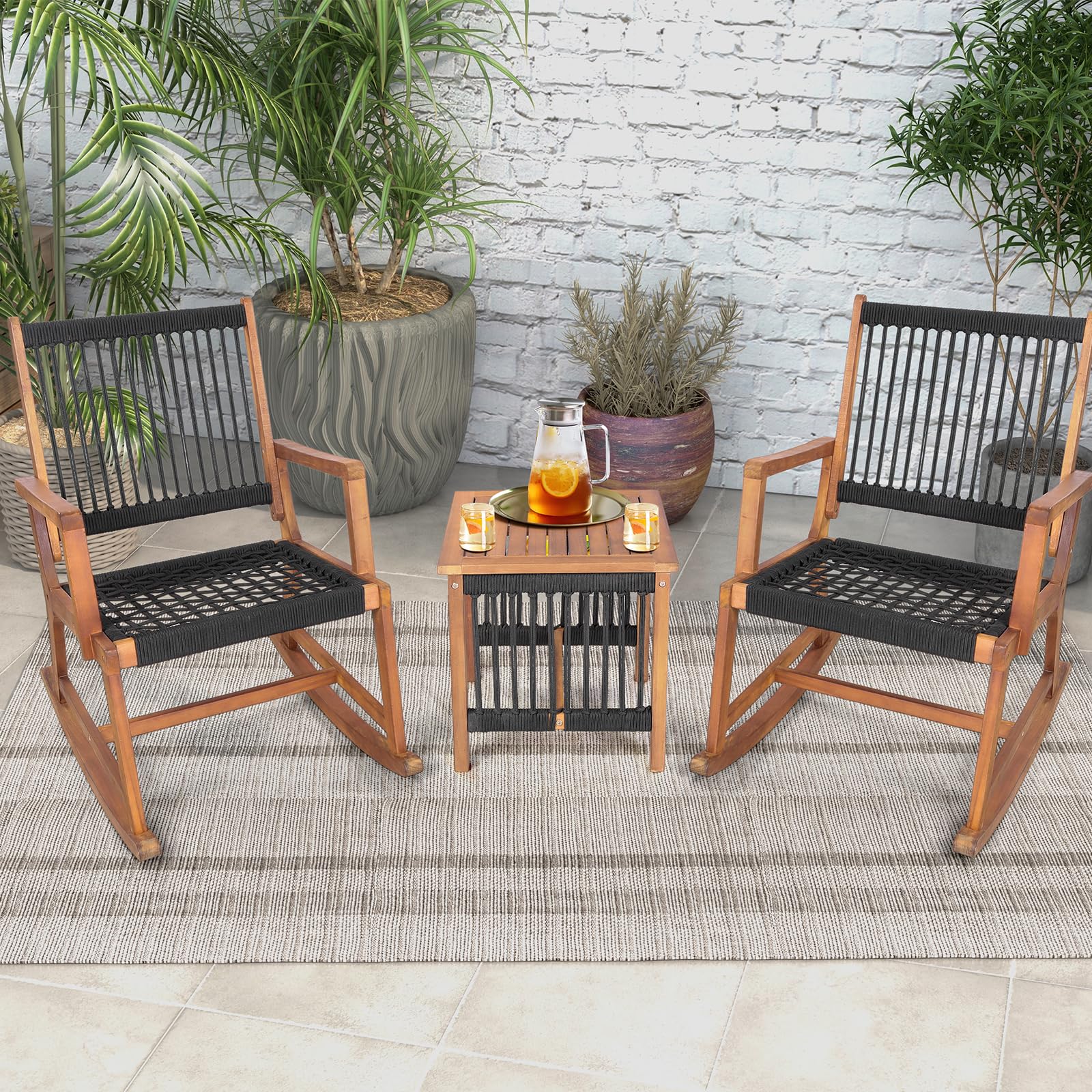 Tangkula 3 Pieces Acacia Wood Rocking Bistro Set, All-Weather Rope Woven Patio Furniture Set with Coffee Table - Image 4