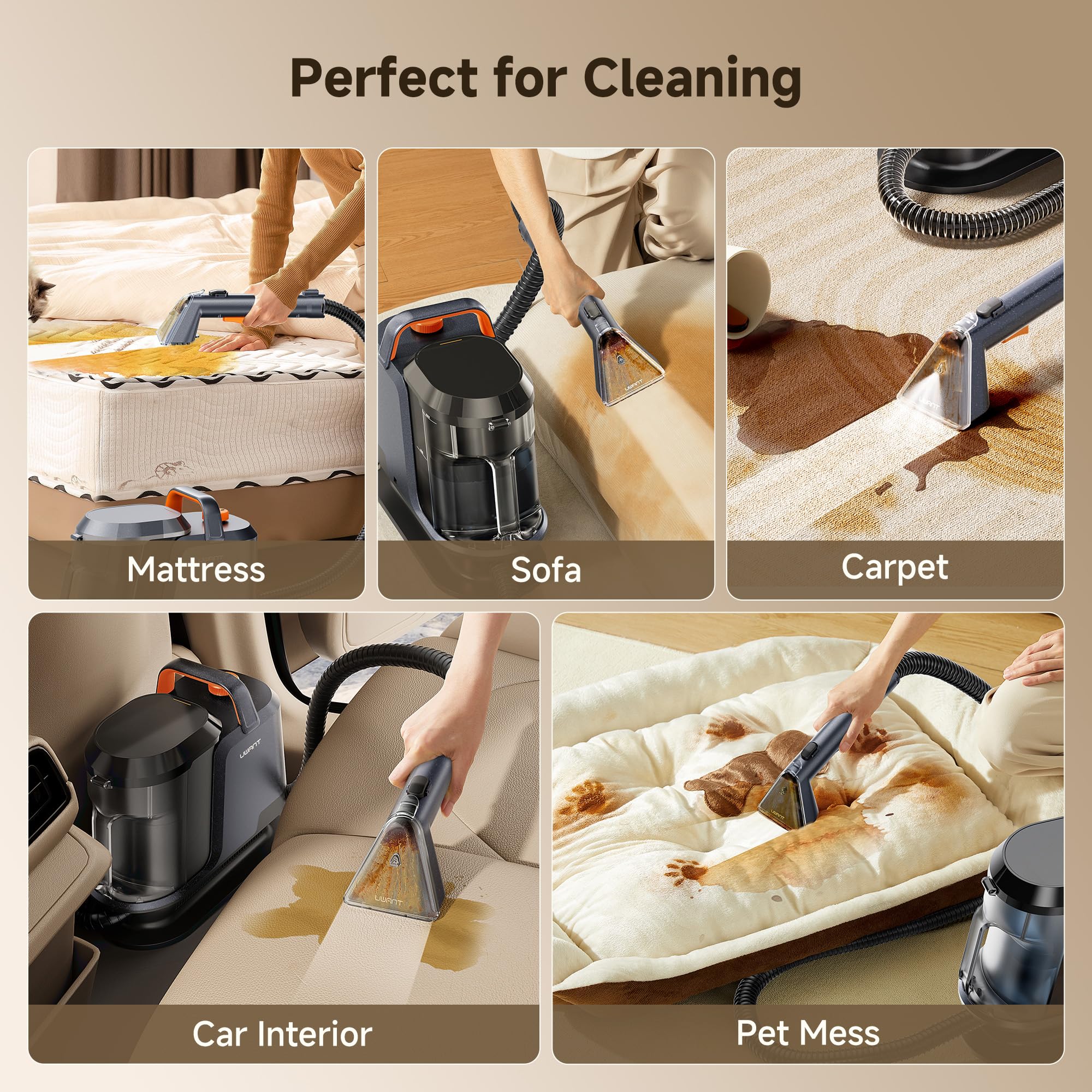 Uwant 18Kpa Carpet Cleaner Machine with Pet Pro Cleaner&Tools Set of 1 Portable Carpet Cleaner with 3 Brush Heads for Cars, Pets 2in1 Upholstery Cleaner Machine for Spot, Rugs, Couch - Image 4