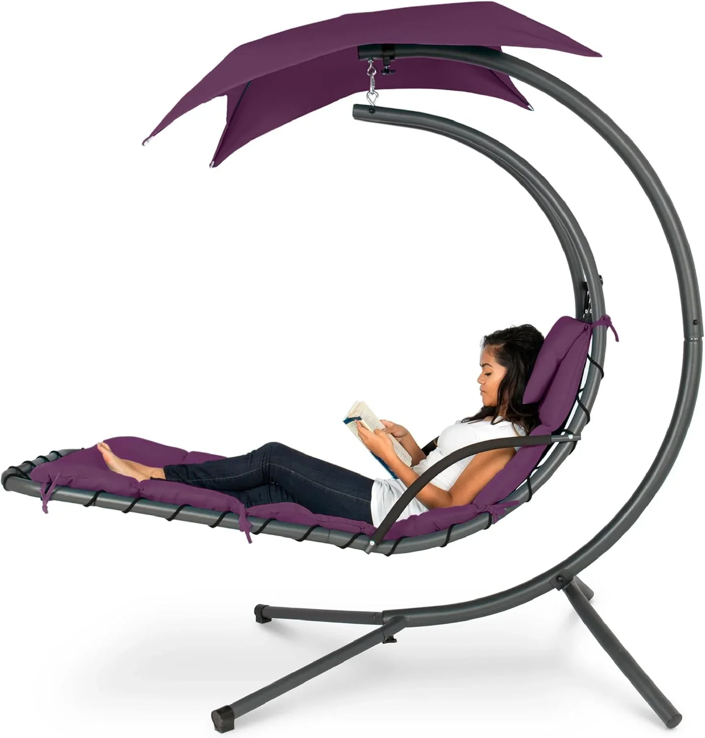 Best Choice Products Outdoor Hanging Curved Steel Chaise Lounge Chair Swing w/Built-in Pillow and Removable Canopy - Charcoal Gray - Image 18