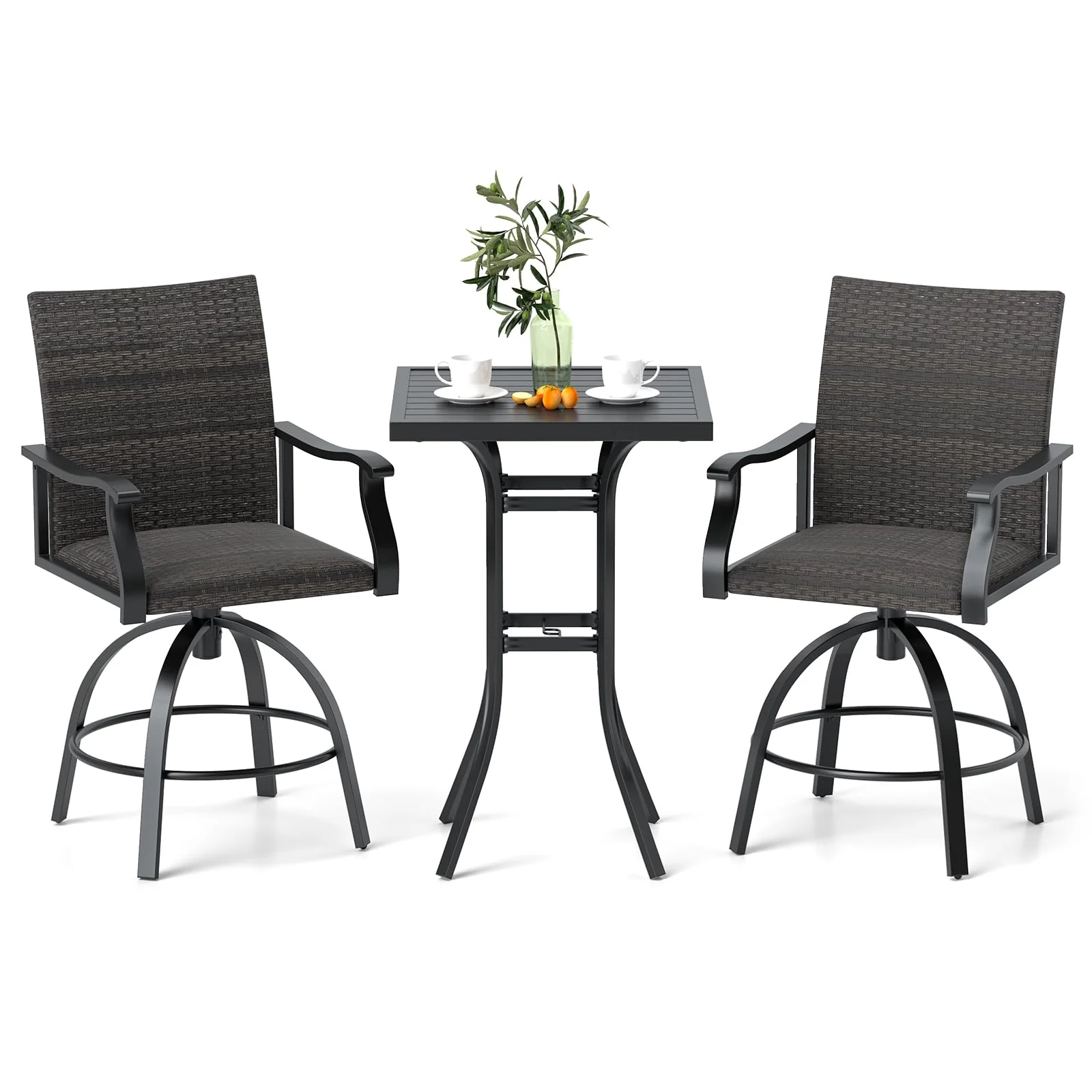 Tangkula 3 Pieces Wicker Patio Swivel Bar Set