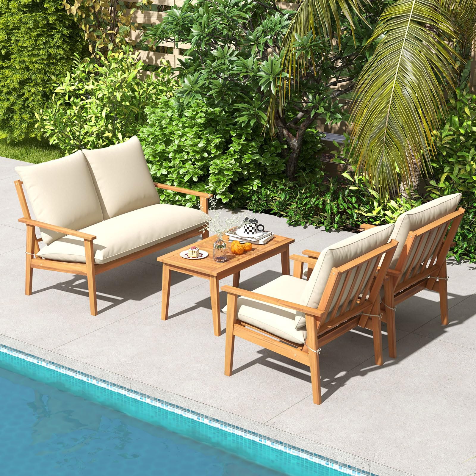 Tangkula 4 Pieces Patio Furniture Set, Outdoor Acacia Wood Conversation Set with Soft Cushions and Coffee Table - Image 3