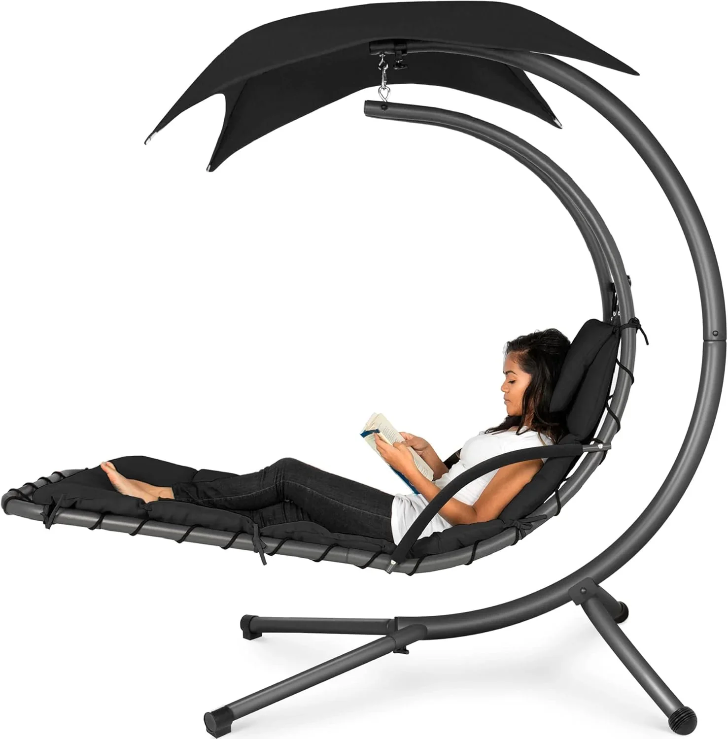 Best Choice Products Outdoor Hanging Curved Steel Chaise Lounge Chair Swing w/Built-in Pillow and Removable Canopy - Charcoal Gray - Image 4