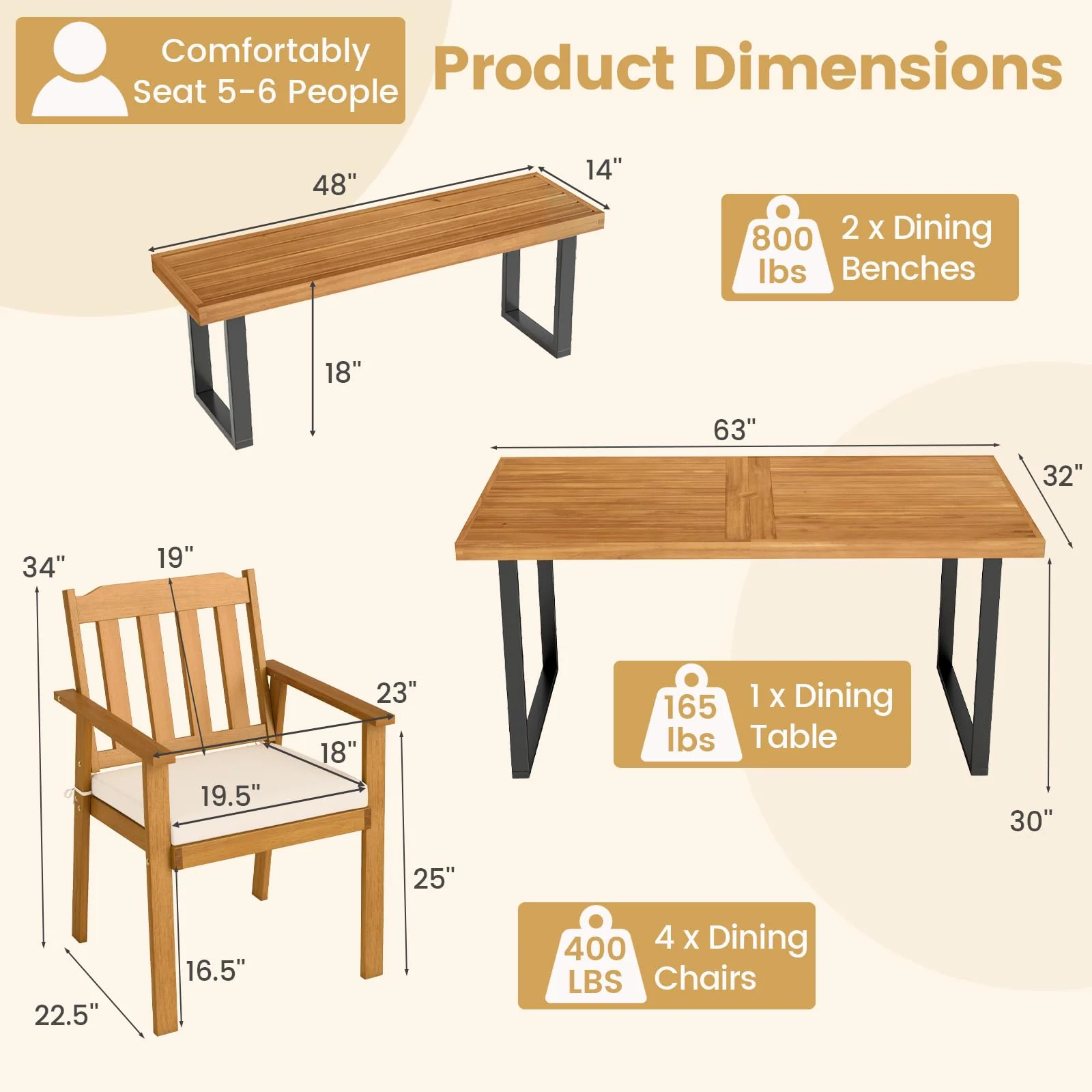 Tangkula 6 Pieces Patio Dining Table Set, Acacia Wood - Image 3