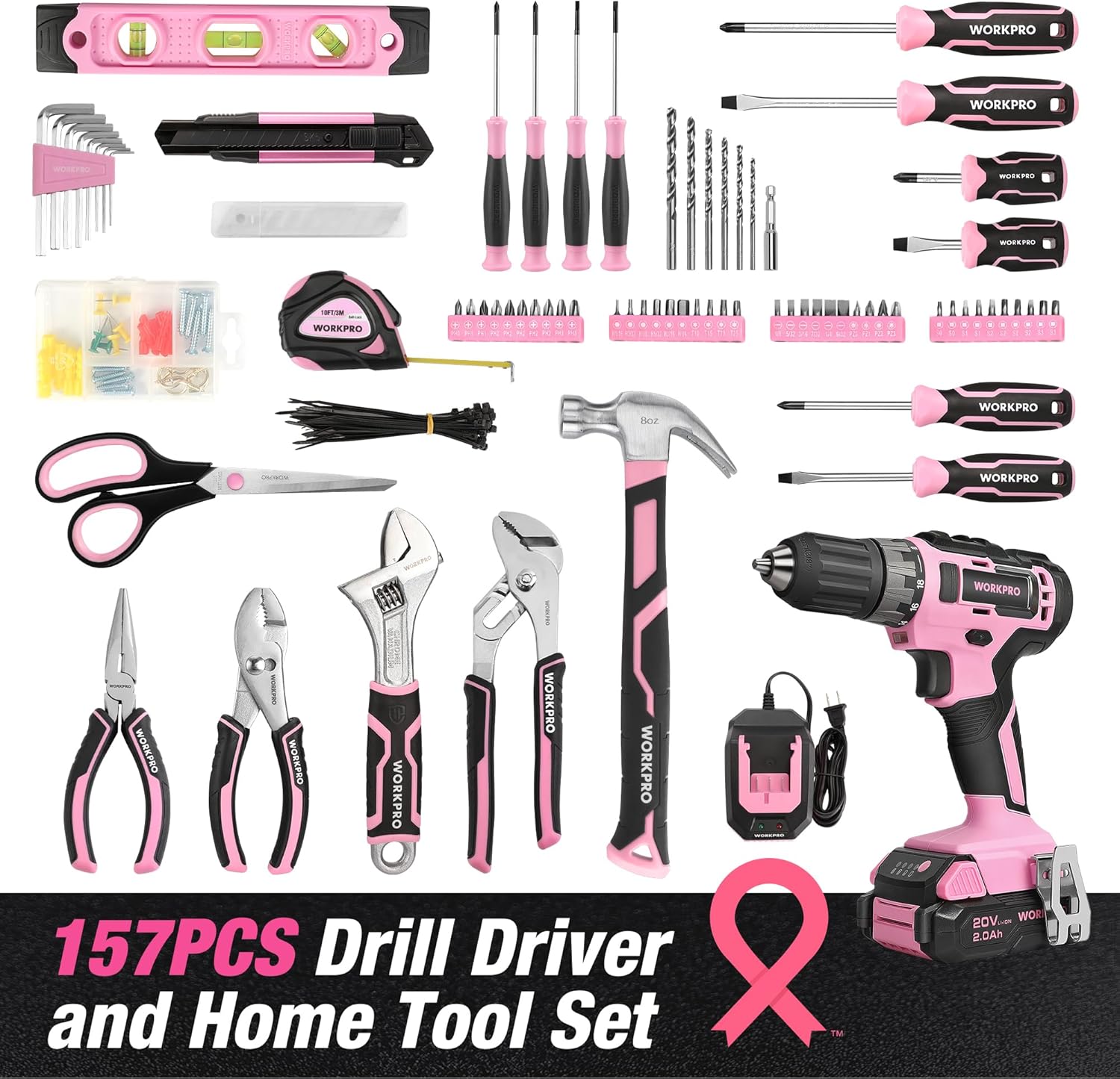 WORKPRO Pink Drill Set with UPGRADED Tool Bag, 157PCS Tool Kit For Home with 20V Cordless Drill Driver, Household Pink Tool Set including Screwdriver, Hammer, Tool Kit for Women and Men - Pink Ribbon - Image 2