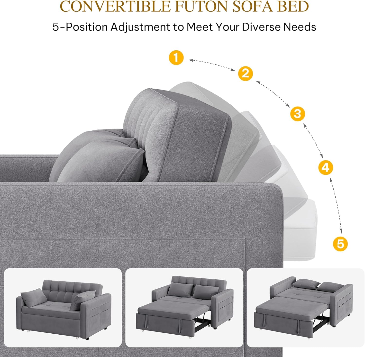DWVO 3-in-1 Convertible Sofa Bed, 55" Sleeper Sofa with Pull-Out Bed, Cat-Scratch-Proof Fabric Futon Couch with Adjustable Backrest and Side Pocket, Loveseat for Living Room Apartment, Grey - Image 27
