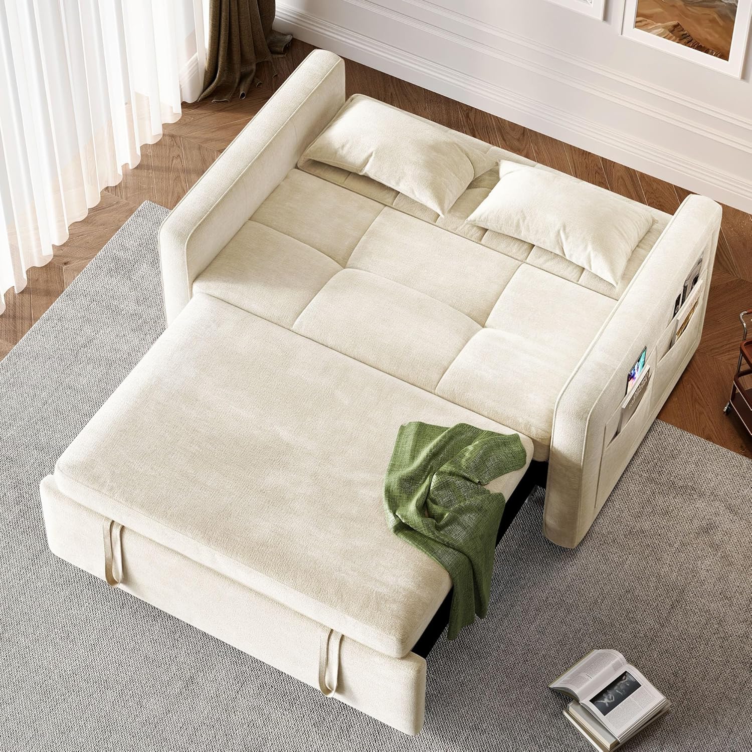 DWVO 3-in-1 Convertible Sofa Bed, 55" Sleeper Sofa with Pull-Out Bed, Cat-Scratch-Proof Fabric Futon Couch with Adjustable Backrest and Side Pocket, Loveseat for Living Room Apartment, Grey - Image 8