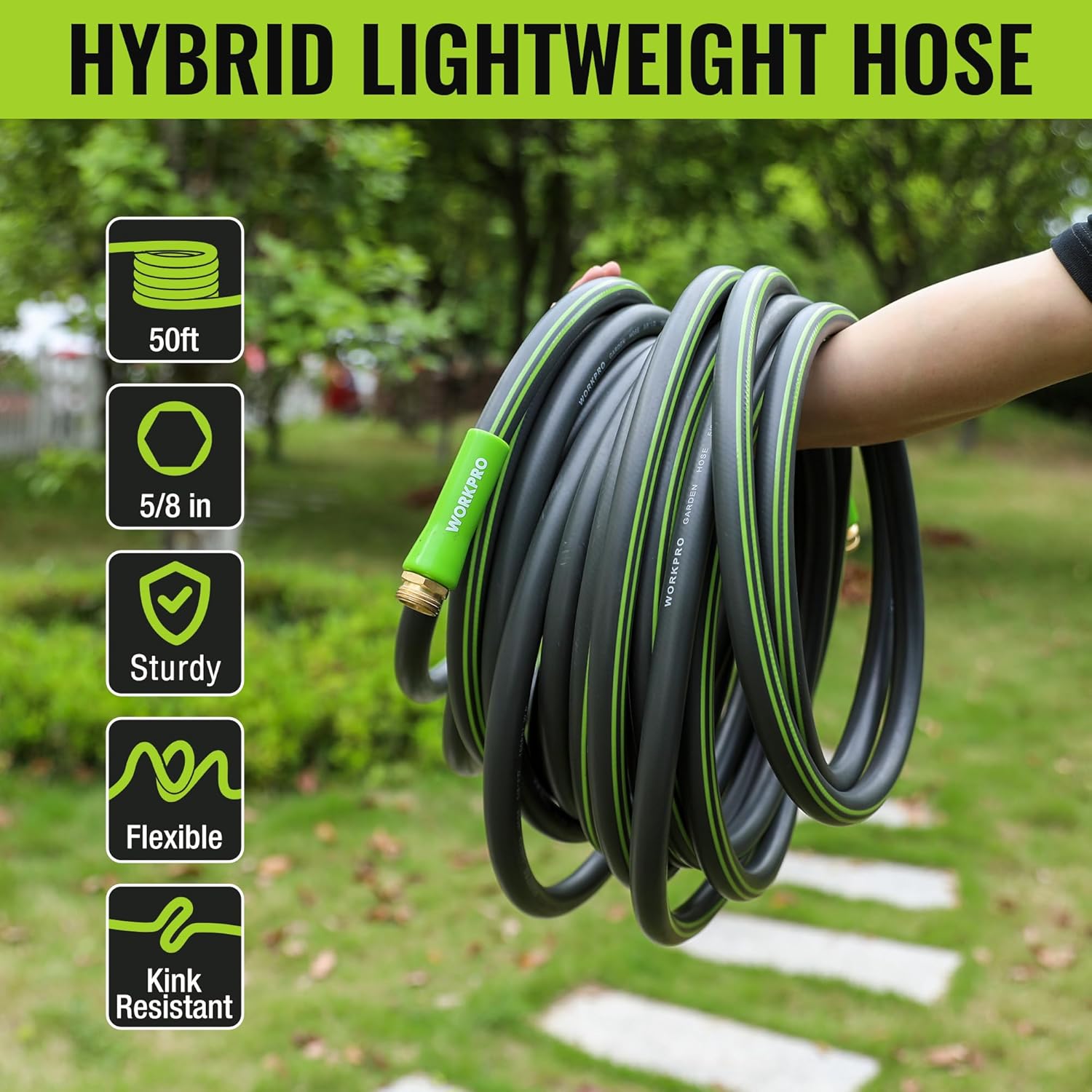 WORKPRO Garden Hose 5/8" x 50FT, Heavy Duty | Flexible & Lightweight, Rotary Handle, 3/4" GHT Brass Fittings, All-Weather Outdoor, for Lawn, Garden, Yard & Car Wash - Image 3