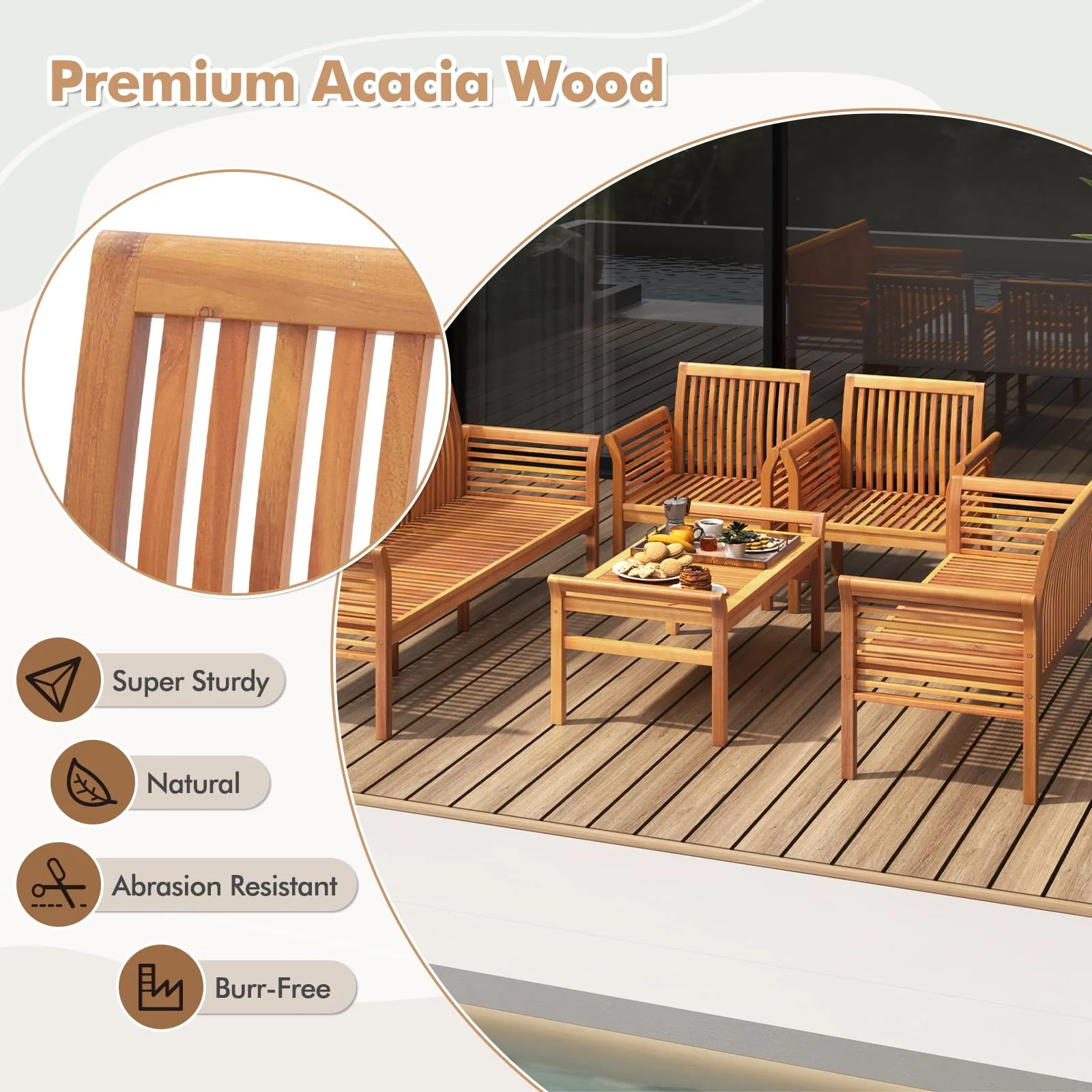 Tangkula 5 Piece Patio Furniture Set, Acacia Wood Conversation Set with 3-Seat Bench, Loveseat - Image 4