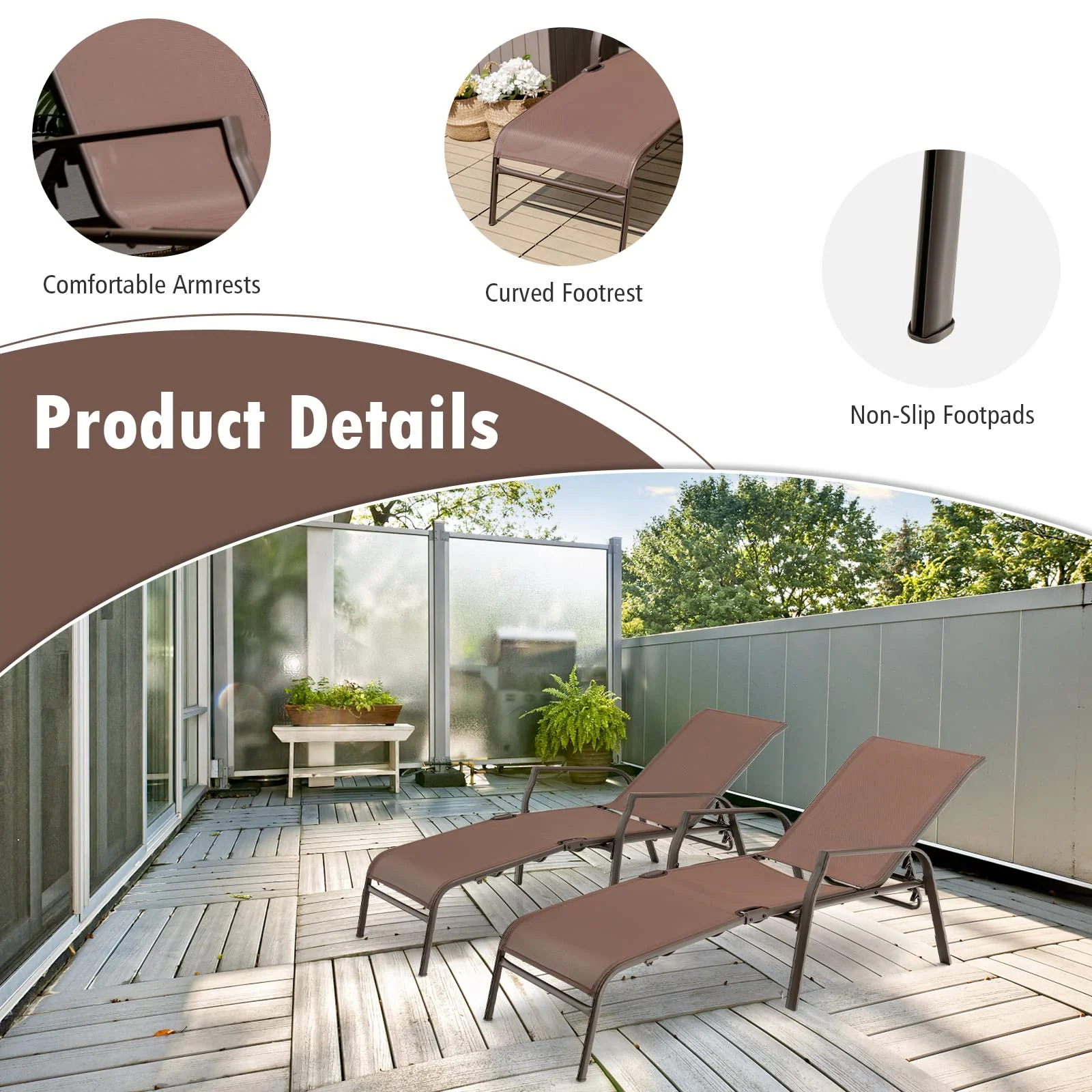 Tangkula 2 Piece Patio Adjustable Folding Stackable Chaise Lounge W/ 5-Position Backrest (Brown) - Image 7