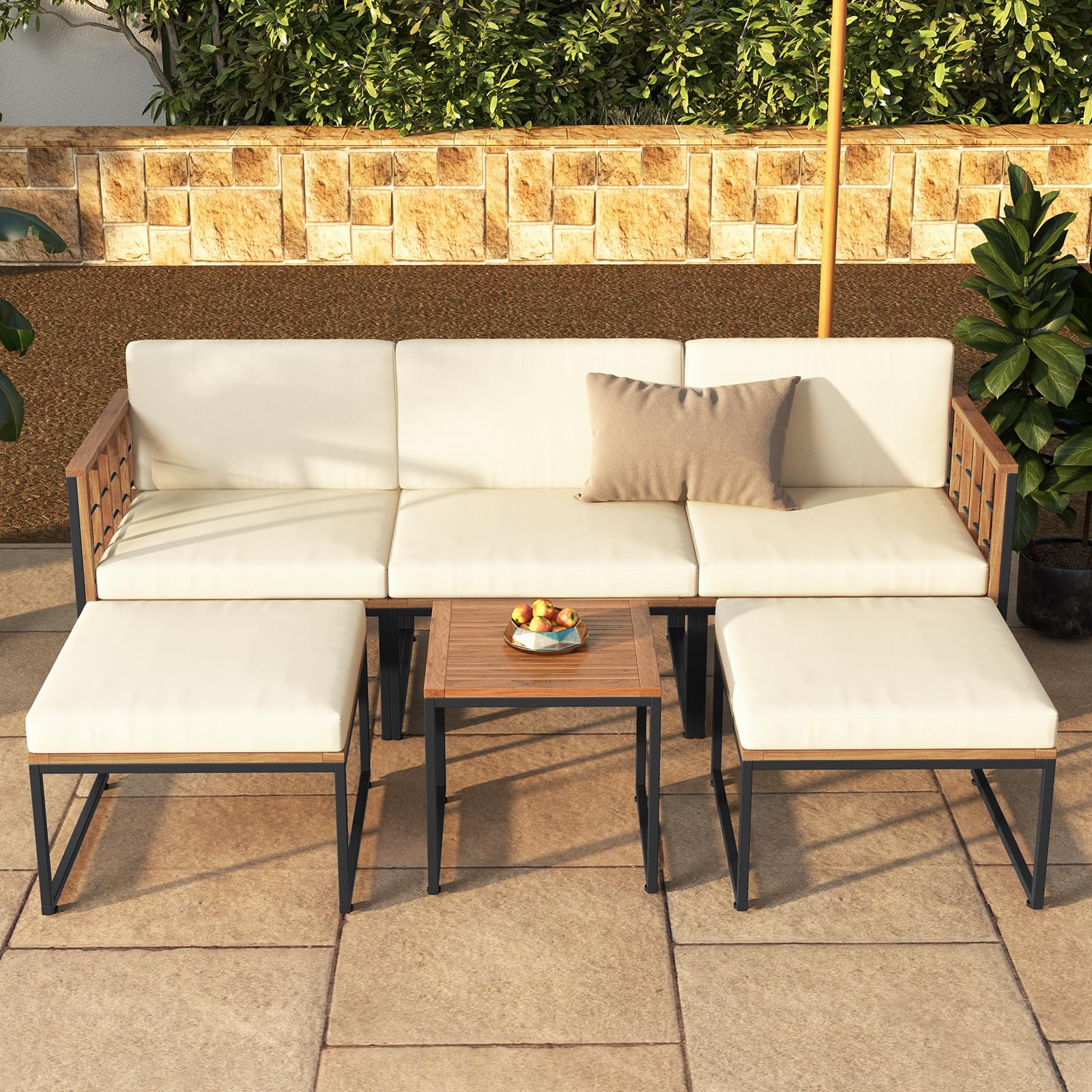 Tangkula 6 Pieces Acacia Wood Patio Furniture Set, Patiojoy Outdoor Sectional Conversation Sofa Set with Cushions - Image 3