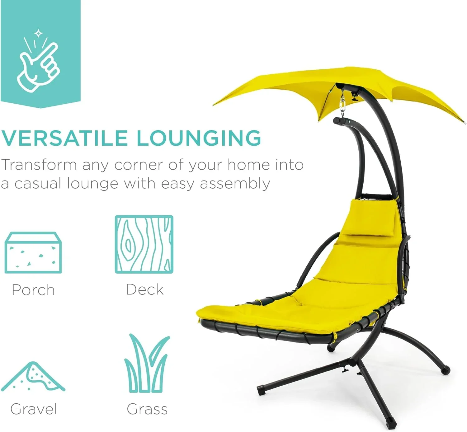 Best Choice Products Outdoor Hanging Curved Steel Chaise Lounge Chair Swing w/Built-in Pillow and Removable Canopy - Charcoal Gray - Image 81