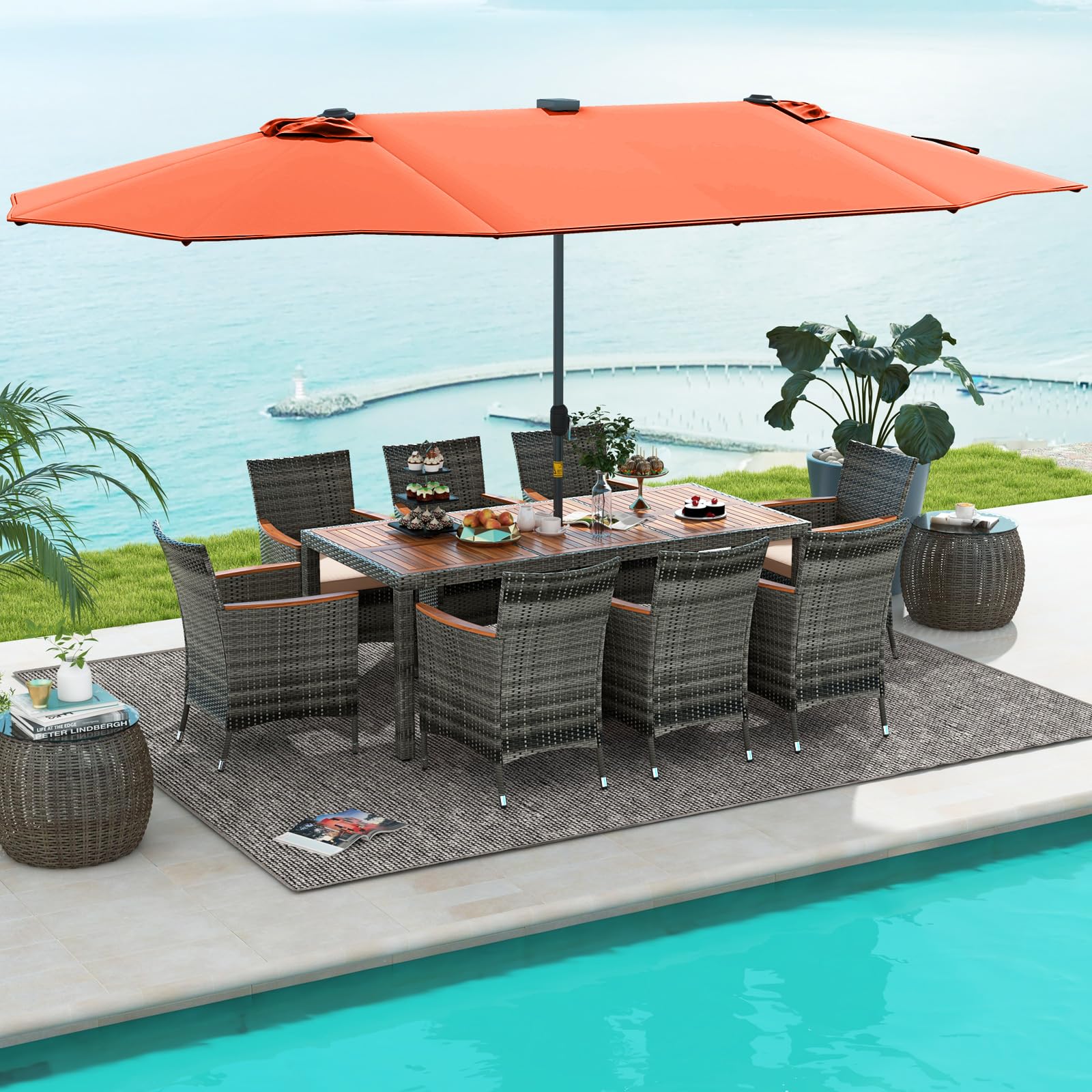 Tangkula 11 Pieces Patio Dining Set with 15 ft Double-Sided Patio LED Umbrella (Base Included) - Image 11