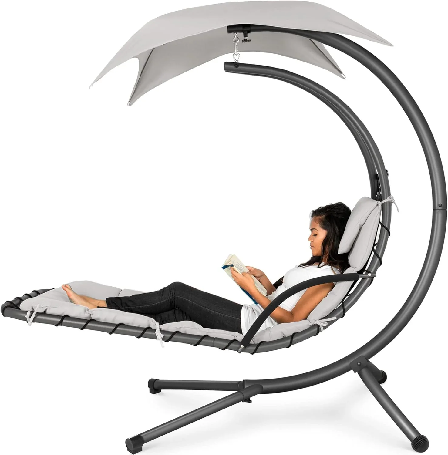 Best Choice Products Outdoor Hanging Curved Steel Chaise Lounge Chair Swing w/Built-in Pillow and Removable Canopy - Charcoal Gray - Image 19