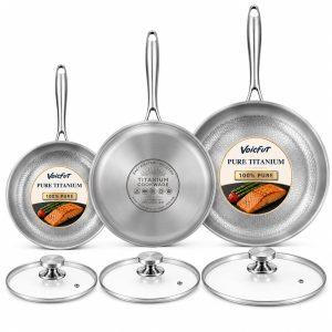 8+10+12" Titanium Pans for Cooking with Lids, Pure Titanium Frying Pan Pro Food-grade titanium; naturally non-toxic; no PTFE/PFOA/PFAS coating; induction ready, dishwasher safe, oven safe to 1000°F