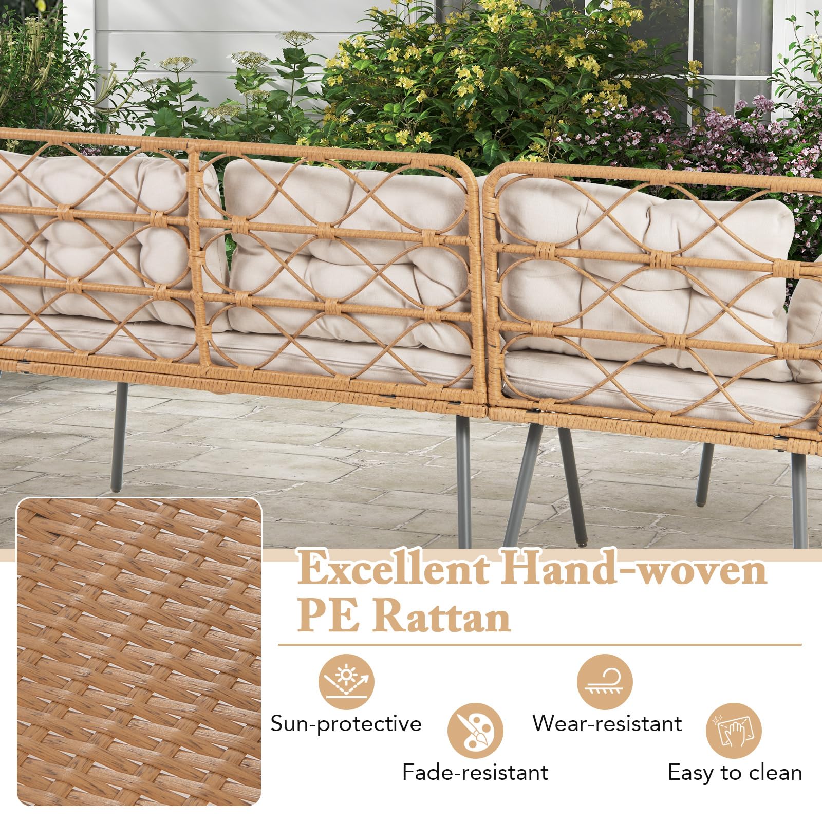 Tangkula 3 Pieces Corner Patio Furniture Set, PE Rattan L-Shaped Cushioned Sofa Set with Small Coffee Table - Image 5