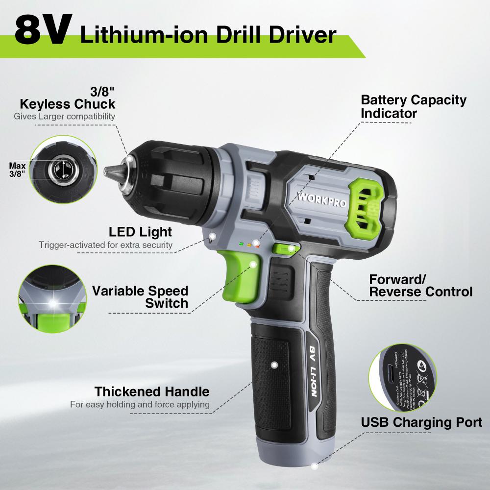 WORKPRO Cordless Power Drill Set with Stackable Tool Box, 8V Cordless Drill Driver and Bit Set, 2.0Ah Electric Cordless Screwdriver Kit with 3/8" Keyless Chuck, Portable Drill for Home Repair, DIY - Image 3