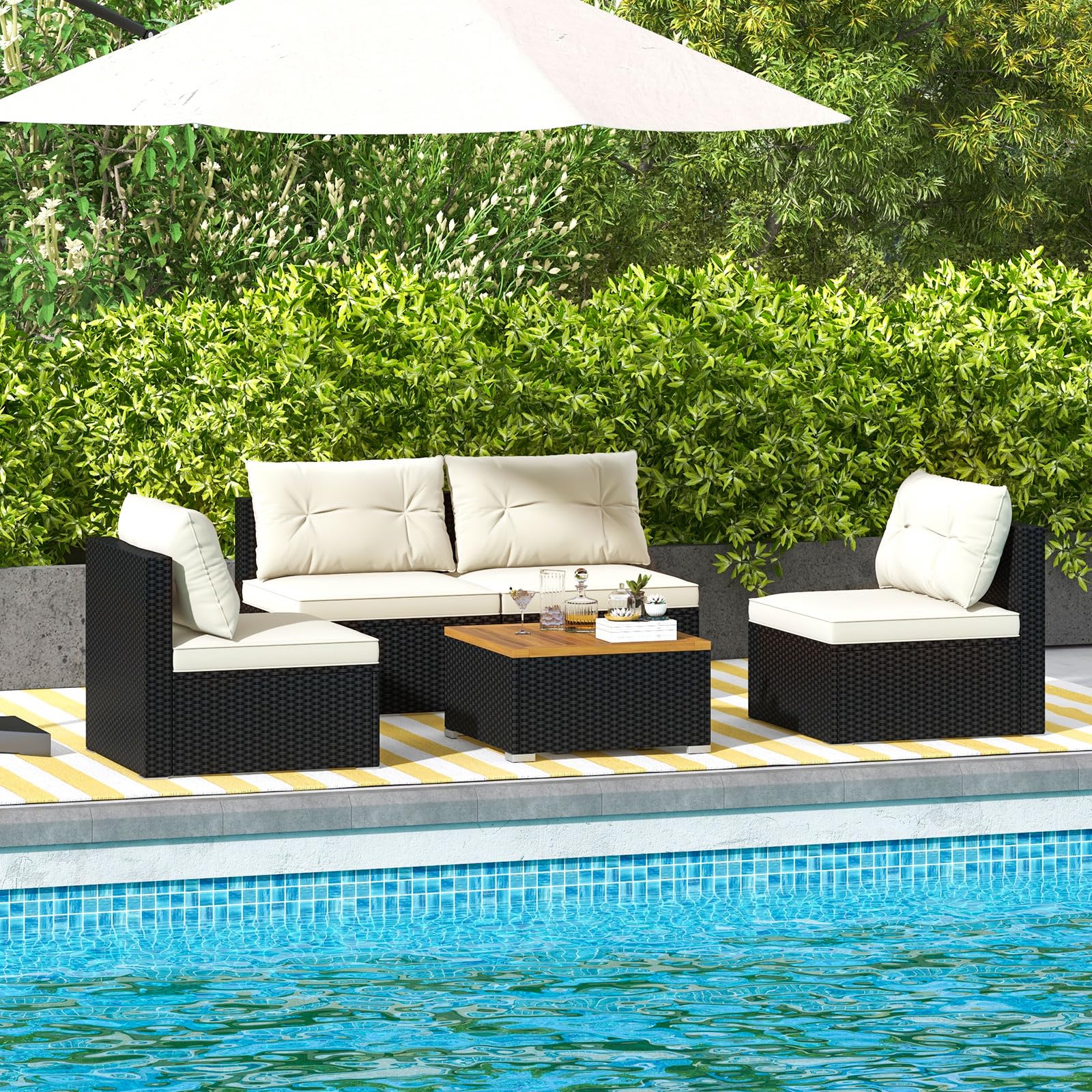 Tangkula 5 Piece Rattan Sofa Set, Patiojoy Outdoor Wicker Furniture Set with Seat & Back Cushions - Image 3